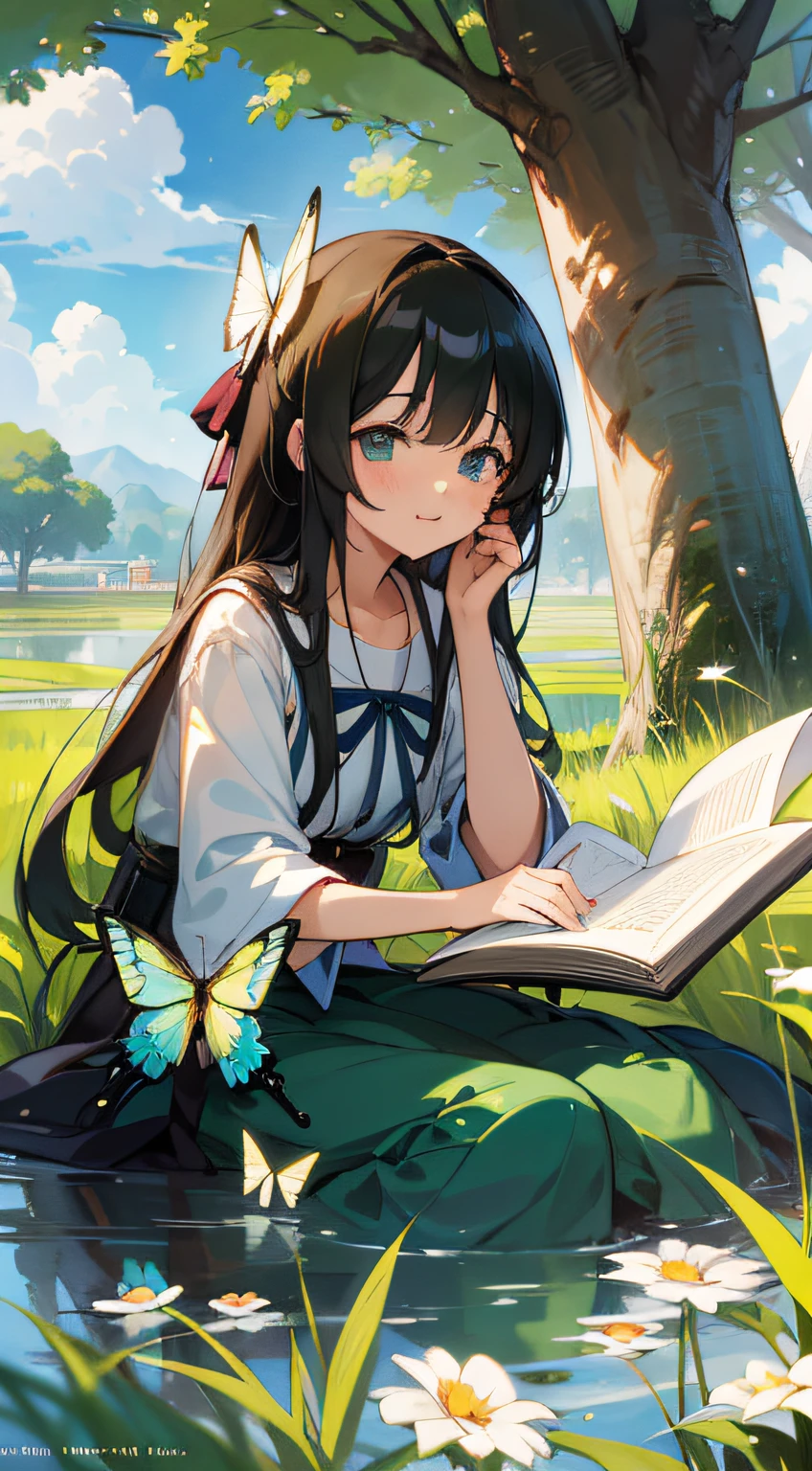 Anime scene, a boy and a girl, sitting on the grass reading a book, Mangseed poster design, poster, mangseed, rice field, stream, nature, 1 girl catching butterflies, Miyazaki manga style, summer, healing, blue sky and white clouds, romanticism, anime, anime style, cinematic lighting, 8k, super detail, ccurate, best quality, UHD, masterpiece, --auto --s2