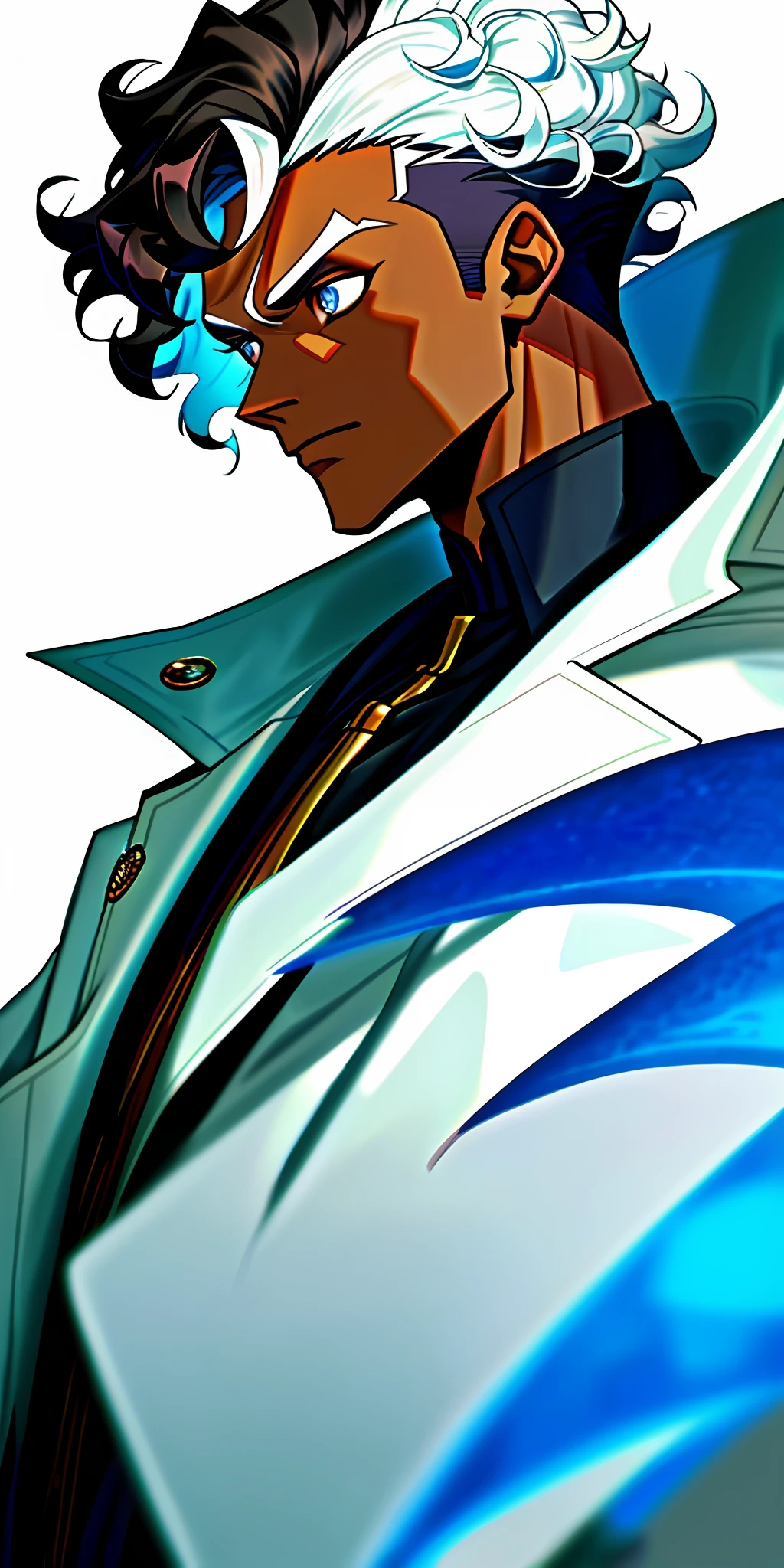1boy, dark skin, short white curly hair, shaved side, coat, blue eye