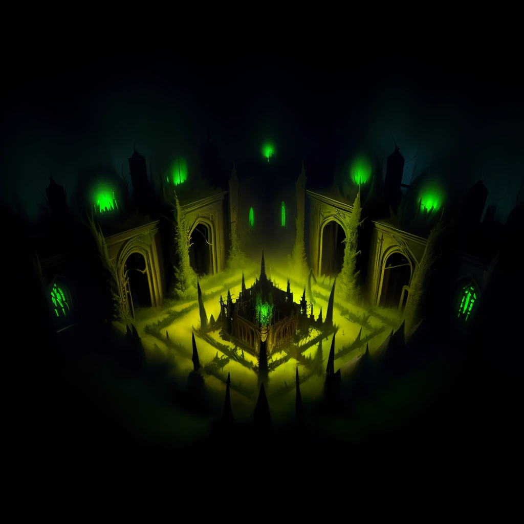 horror lush green field, horror maze, biomechanical walls, evil creatures, thorns, black main color, in a dark dungeon, fumo plush, Aerial Shot. digital painting.
