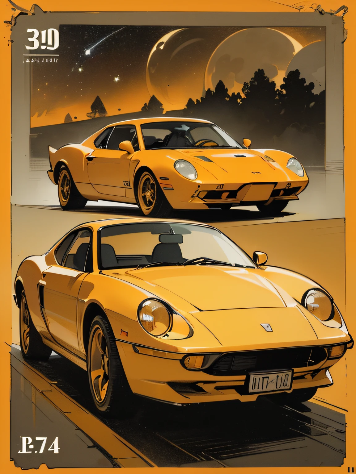 (masterpiece), (best quality), (best detail), (distant general view), (postage stamp),(main color of illustration: deep orange), (secondary color: mustard yellow), a 70' red sports car driven by a woman with defiant stance, highly detailed chassis, futuristic western setting, night (many stars, moon), shading (detailed, much contrast), very saturated pulp colors