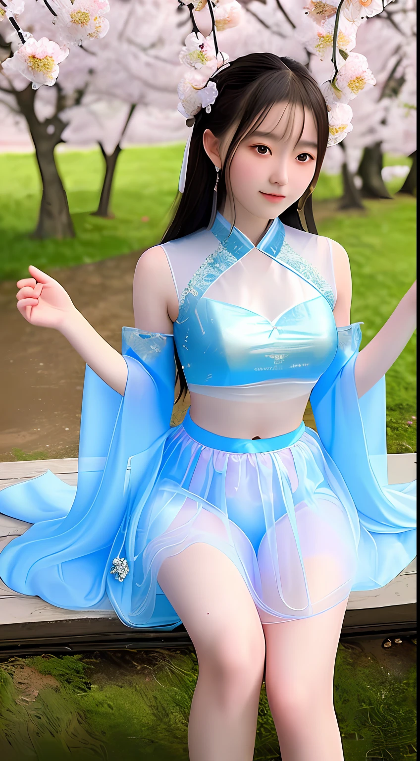 This artwork shows an 18-year-old girl with a perfect body. She wore a sumptuous Hanfu, including a blue openwork transparent belly pocket, a light gauze pink infrared sleeve and a garment with separate arm sleeves, which exposed her shoulders and navel. She wears a tulle transparent miniskirt, allowing her beautiful legs to show her eyes without reservation. The girl sits under a peach blossom tree with intoxicating movie lighting behind her. This work perfectly captures the girl's perfect body and delicate image, which makes people fall for it.