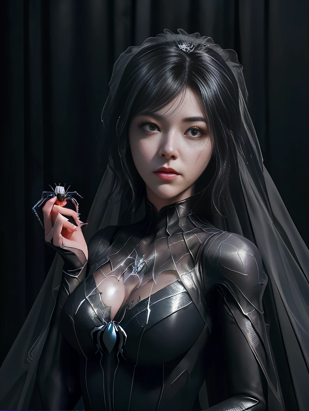 ghost spider, gwen in a black outfit with spider(( In a very cute kissing spider-catching princess costume)), gooey forehead, symbiote, white eyes, fine art, ps5 cinematic screenshot,highly detailed detailed cinematic rendering, ultra photorealistic raytricing, with cinematic lighting