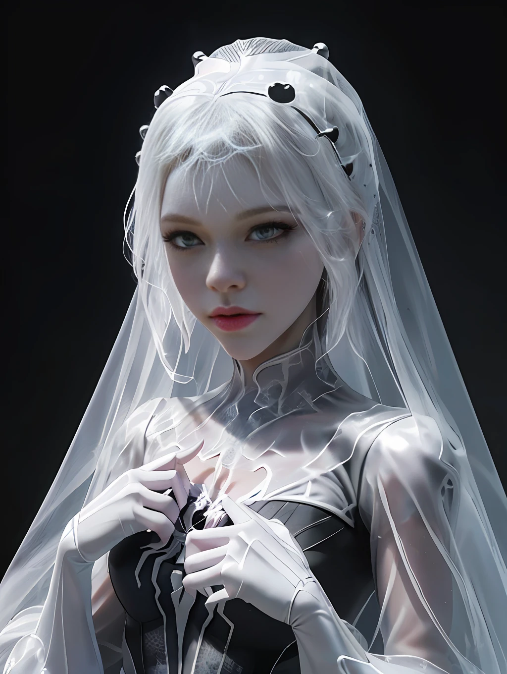 ghost spider, gwen in a black and white outfit with spider(( In a very cute spider-catching princess costume)), gooey forehead, symbiote, white eyes, fine art, ps5 cinematic screenshot,highly detailed detailed cinematic rendering, ultra photorealistic raytricing, with cinematic lighting