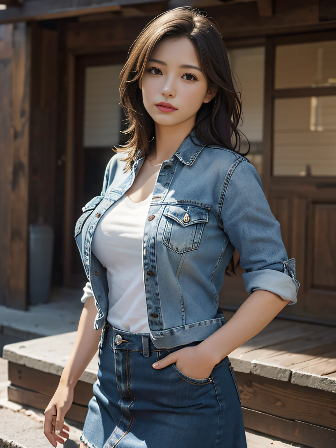 Best Quality, Masterpiece, Ultra High Resolution, (Realistic:1.8), Detailed Skin, (big breasts:1), Denim Skirt,