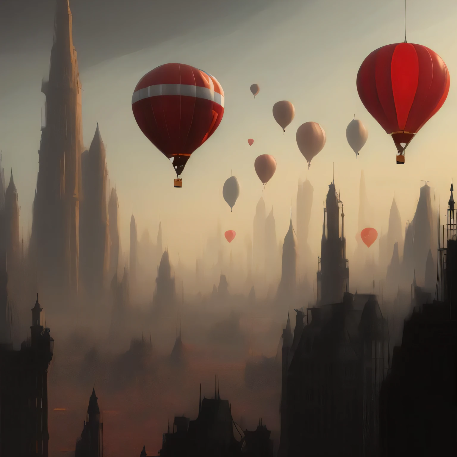 a digital painting of a city landscape with red hot air balloons, detailed, Something