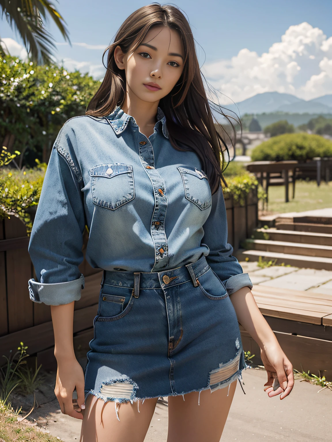 Best Quality, Masterpiece, Ultra High Resolution, (Realistic:1.8), Detailed Skin, (big breasts:1), Denim Skirt,