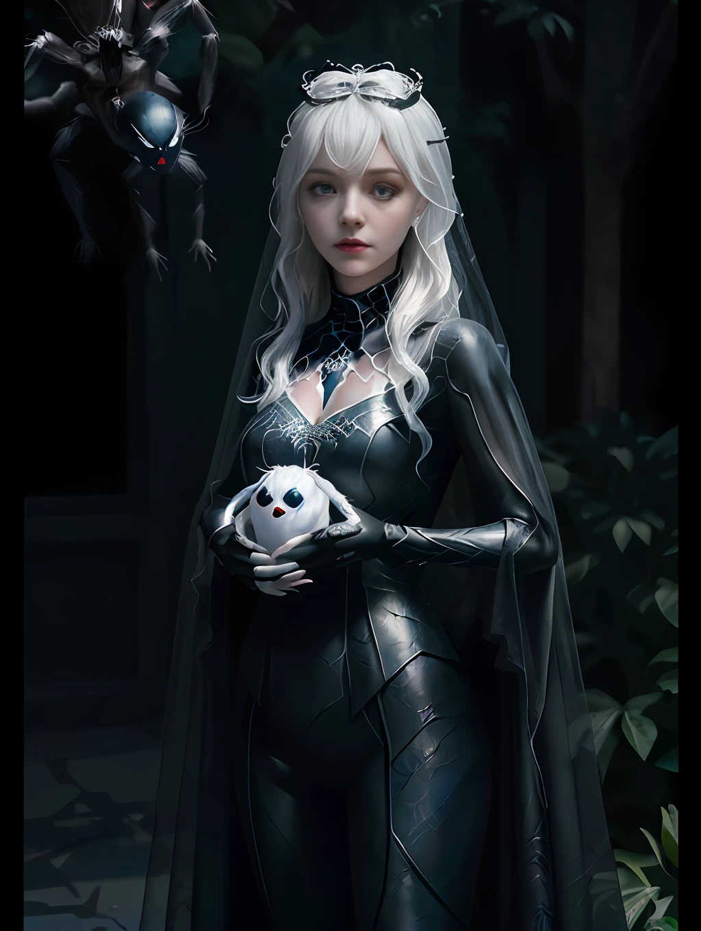 ghost spider, gwen in a black outfit with spider(( In a very cute spider-catching princess costume)), gooey forehead, symbiote, white eyes, fine art, ps5 cinematic screenshot,highly detailed detailed cinematic rendering, ultra photorealistic raytricing, with cinematic lighting