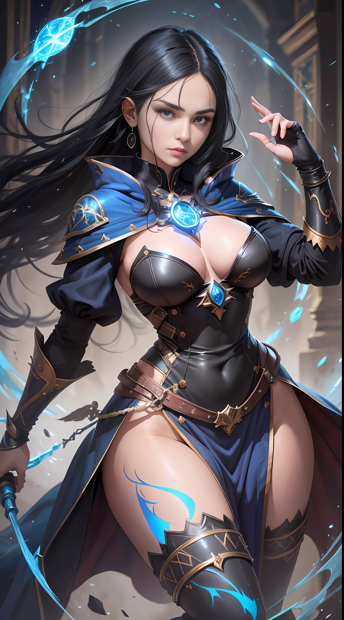 Name: Alexia, Class: Mage, Race: Human, Appearance: Alexia is a young and graceful woman with black hair and piercing eyes. She wears a blue robe with embroidered arcane symbols and carries an ebony staff carved with ancient runes., Personality: Alexia is determined and curious, always in search of knowledge and magical power. She is brave and willing to face any challenge to protect her people., black hair, modern, high detail, Ultra-Wide Angle, Nikon, diffraction spikes, UHD, anatomically correct, high quality, best quality, 1080P, 8k
