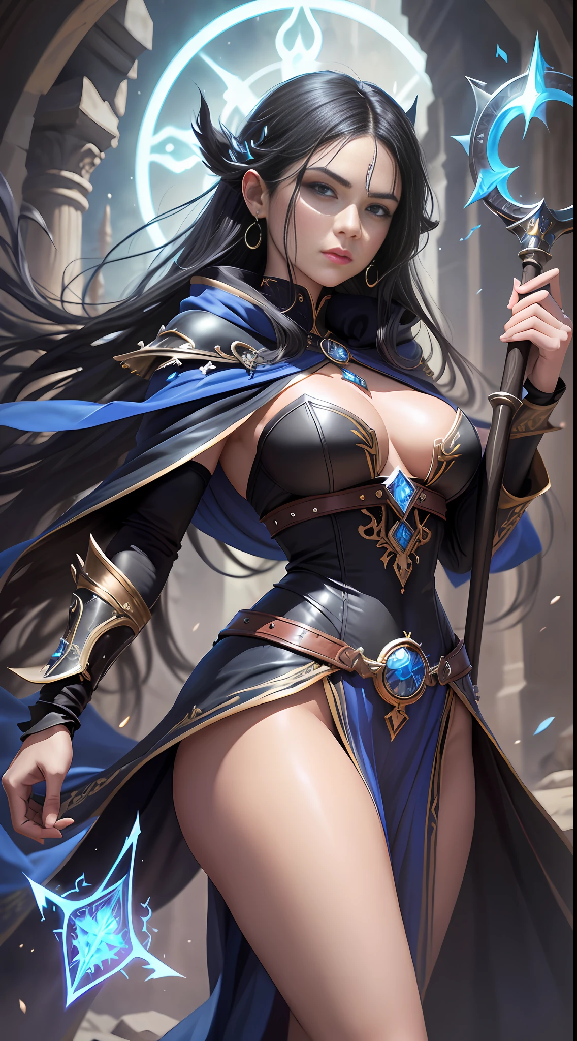 Name: Alexia, Class: Mage, Race: Human, Appearance: Alexia is a young and graceful woman with black hair and piercing eyes. She wears a blue robe with embroidered arcane symbols and carries an ebony staff carved with ancient runes., Personality: Alexia is determined and curious, always in search of knowledge and magical power. She is brave and willing to face any challenge to protect her people., black hair, modern, high detail, Ultra-Wide Angle, Nikon, diffraction spikes, UHD, anatomically correct, high quality, best quality, 1080P, 8k