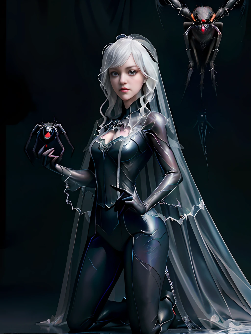 ghost spider, gwen in a black outfit with spider(( In a very cute big spider-catching princess costume)), gooey forehead, symbiote, white eyes, fine art, ps5 cinematic screenshot,highly detailed detailed cinematic rendering, ultra photorealistic raytricing, with cinematic lighting