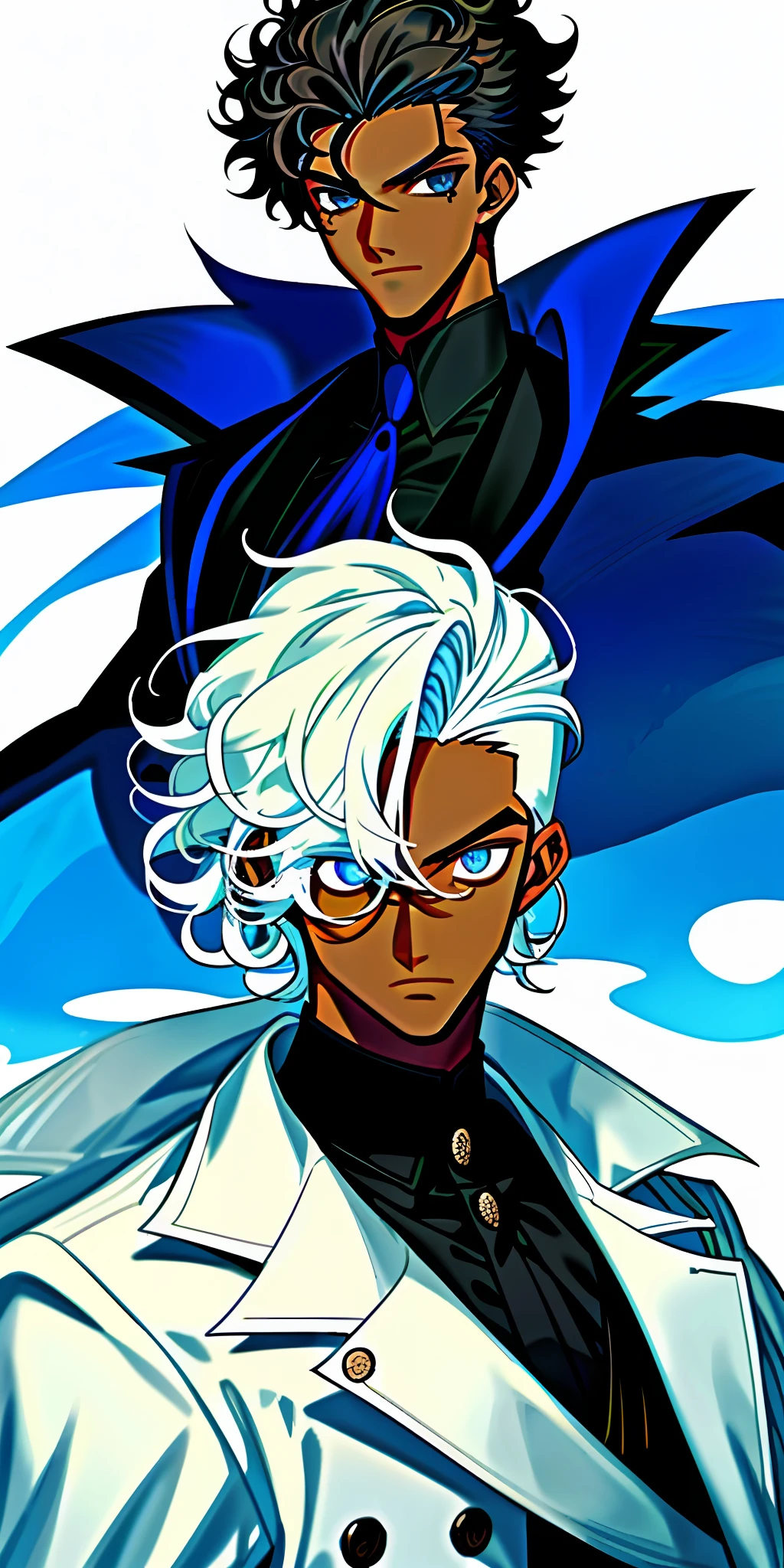 1boy, dark skin, short white curly hair, shaved side, coat, blue eye