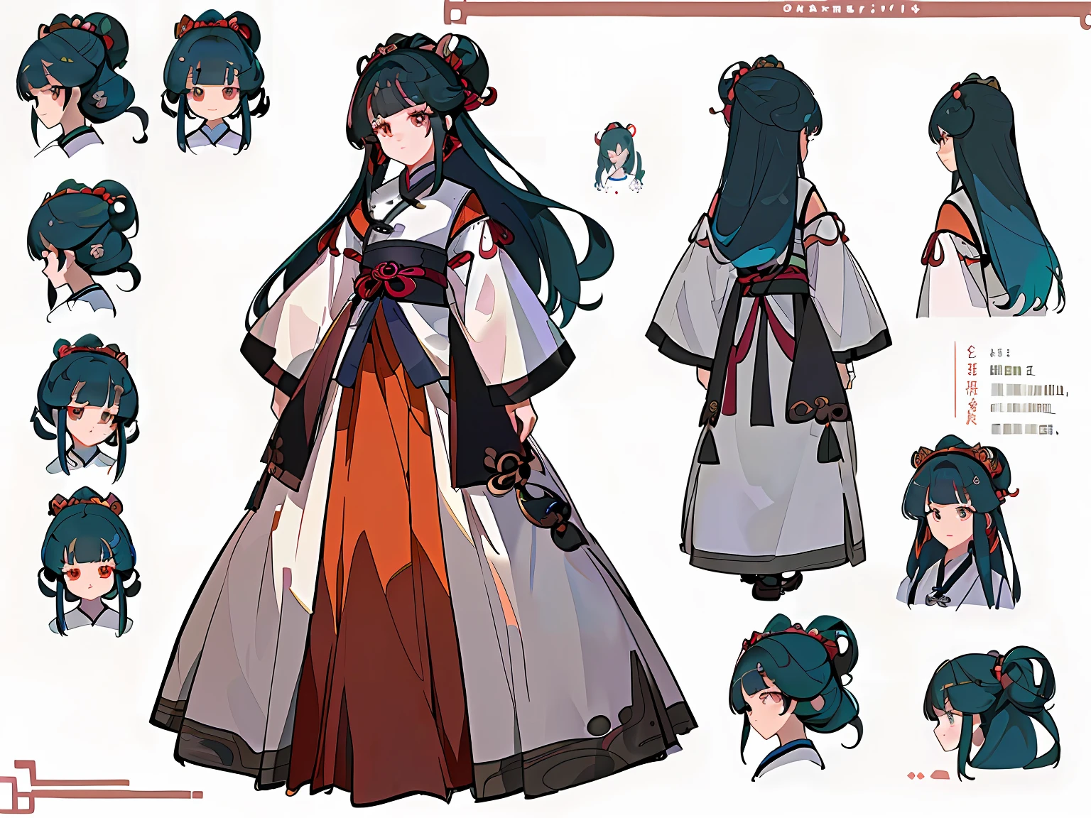 ((masterpiece)),(((best quality))),(character design sheet, same character, front, side, back), illustration, 1 girl, hair color, hairpin, bangs, hairstyle fax, eyes, environment Scene change, hairstyle fax, pose Zitai, female, ancient Chinese princess, charturnbetalora, (simple background, white background: 1.3)