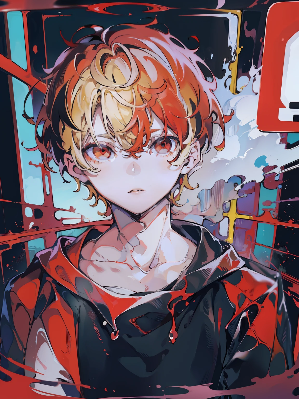 masterpiece, 1boy, black eyes, red pupil, blonde, short hair, shirt