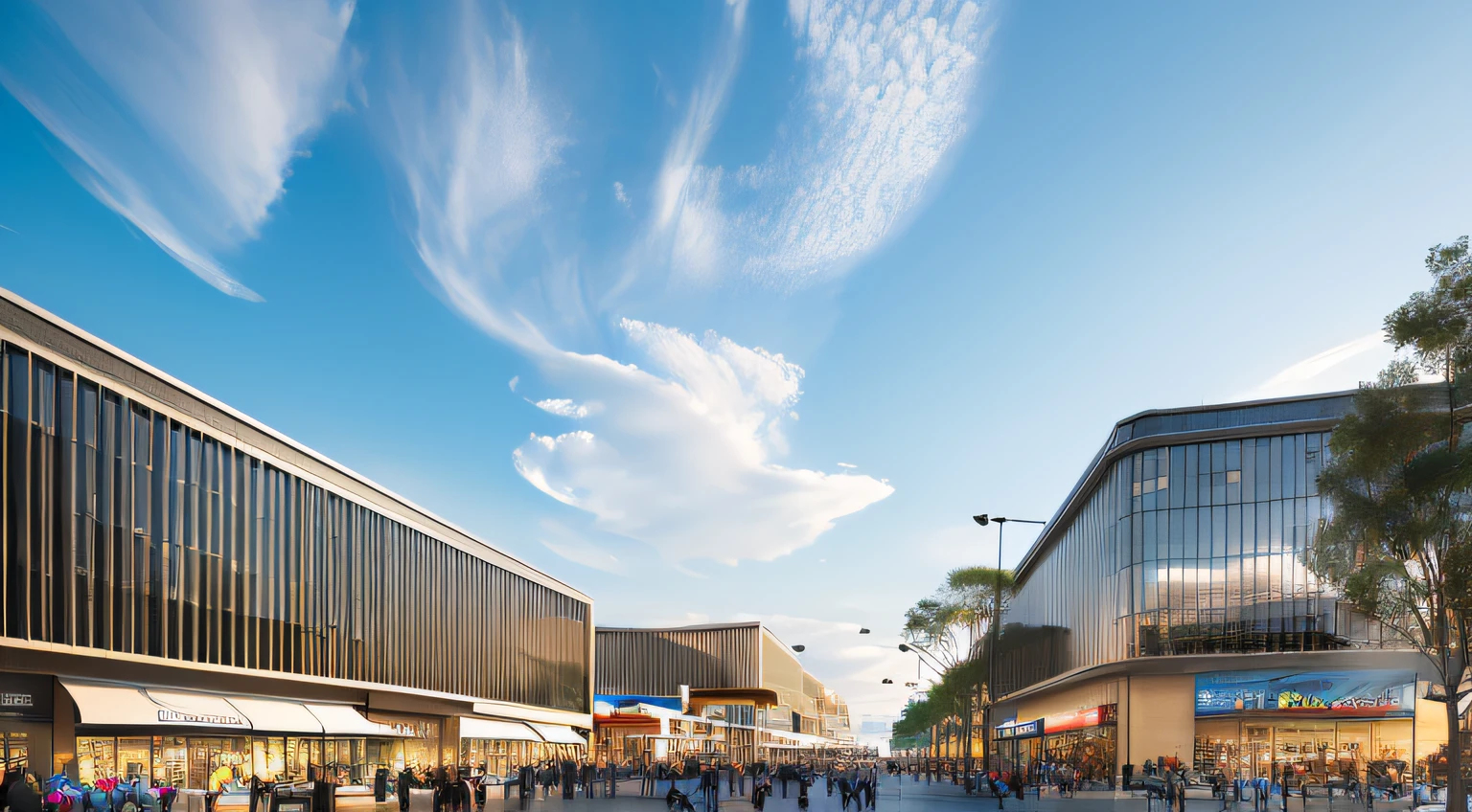 (masterpiece, best quality)), daylight, shopping center, photorealistic. cinematic lighting. dramatic lighting. , 8k, modern architecture style, realistic photo, hyper detailed photo, sky with clouds