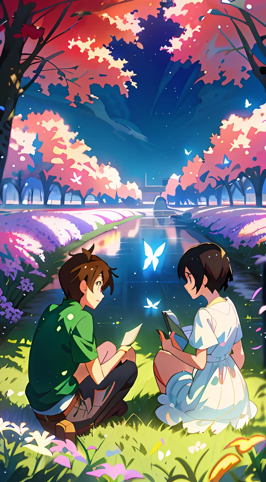 Anime scene, a boy and a girl, sitting on the grass reading a book, Sakimi-chan and Makoto Shinkai, Fiona Staples and Makoto Shinkai, Guvez and Makoto Shinkai, Makoto Shinkai Art Style, Makoto Shinkai Cyril Rolando, Makoto Shinkai! , Makoto Shinkai and Biologics, Romanticism, anime, anime style, cinematic lighting, 8k, super detail, ccurate, best quality, UHD, masterpiece, Mangzo poster design, poster, mangseed, rice field, stream, nature, 1 girl catching butterflies, Miyazaki manga style, summer, healing, complete fingers.