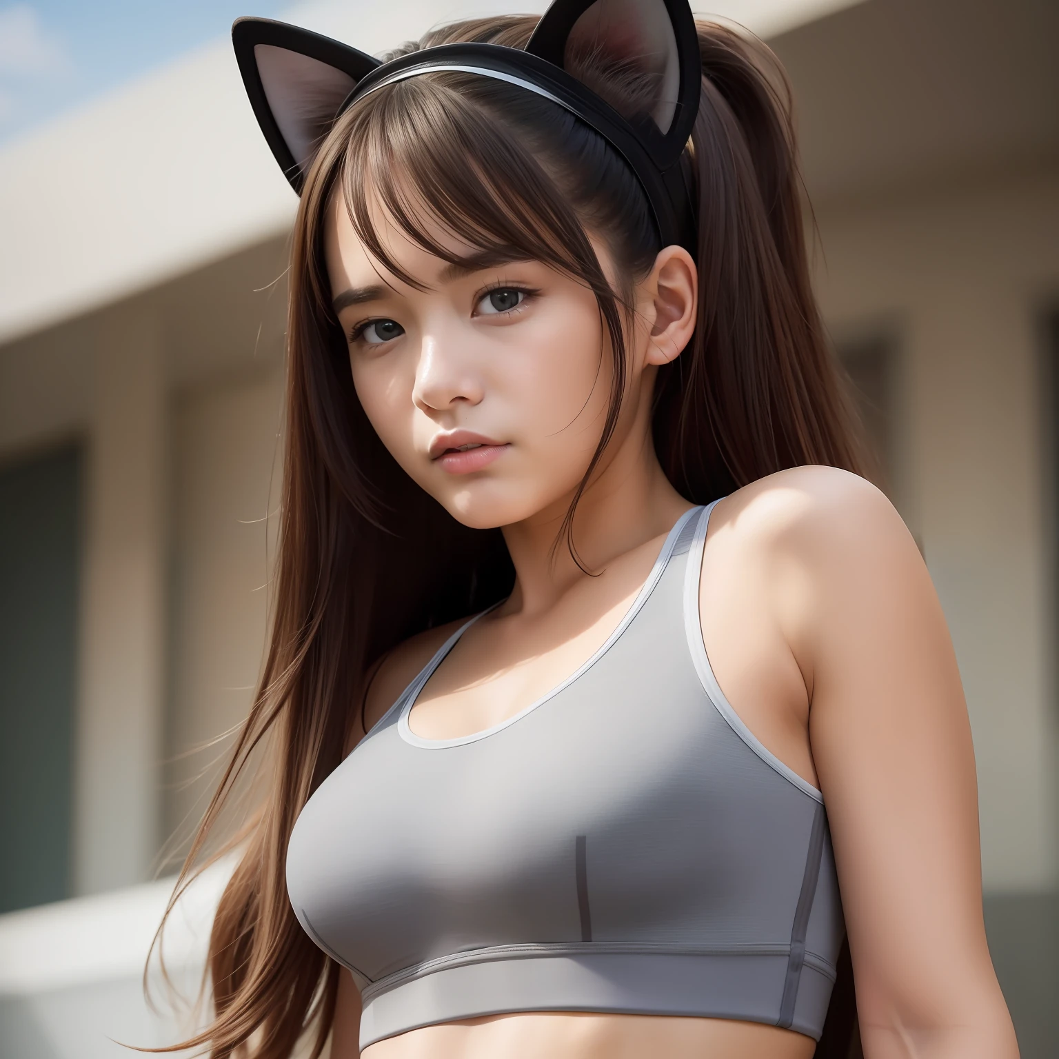 best quality, masterpiece, ultra high res, (photorealistic:1.4), RAW photo, cat ears, baby face, embarrassed, upper body, Compression sports bra