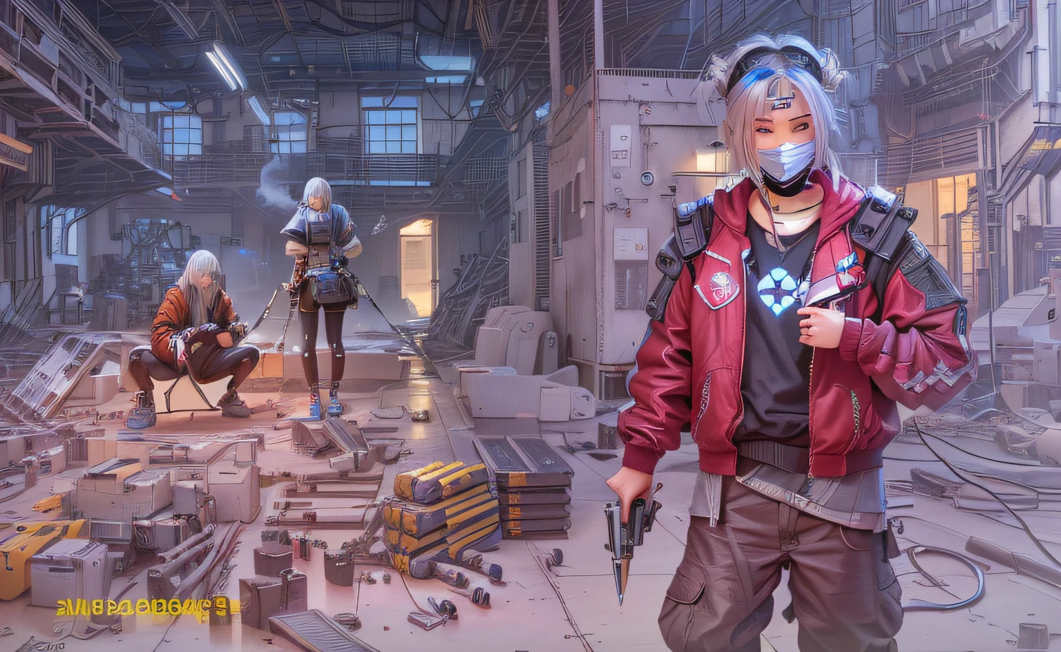 (Mechanical wind: 1.2) + (Factory: 1.3) + (Indoor: 1.3) + (Cyberpunk)* (1girl), Silver hair* (1.2), sneakers, tights, chin tip, (double knife + folding knife: 1.2), blue-violet lighting, low angle, shadow emphasis, brightness degree - (night scene: 0.8), (satellite dish + smoke: 0.9), close-up