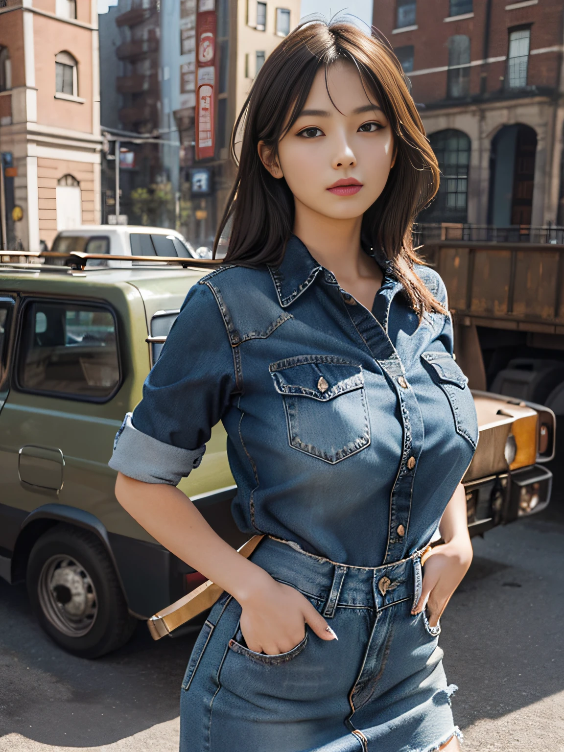Best Quality, Masterpiece, Ultra High Resolution, (Realistic:1.8), Detailed Skin, (big breasts:1), Denim Skirt,