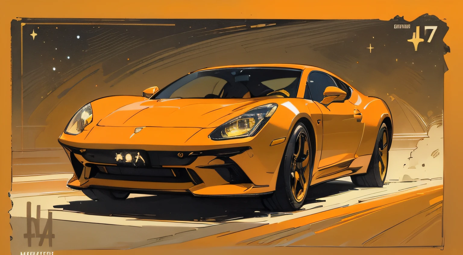 (masterpiece), (best quality), (best detail), (distant general view), (postage stamp),(main color of illustration: deep orange), (secondary color: mustard yellow), a 70' red sports car driven by a woman with defiant stance, highly detailed chassis, futuristic western setting, night (many stars, moon), shading (detailed, much contrast), very saturated pulp colors