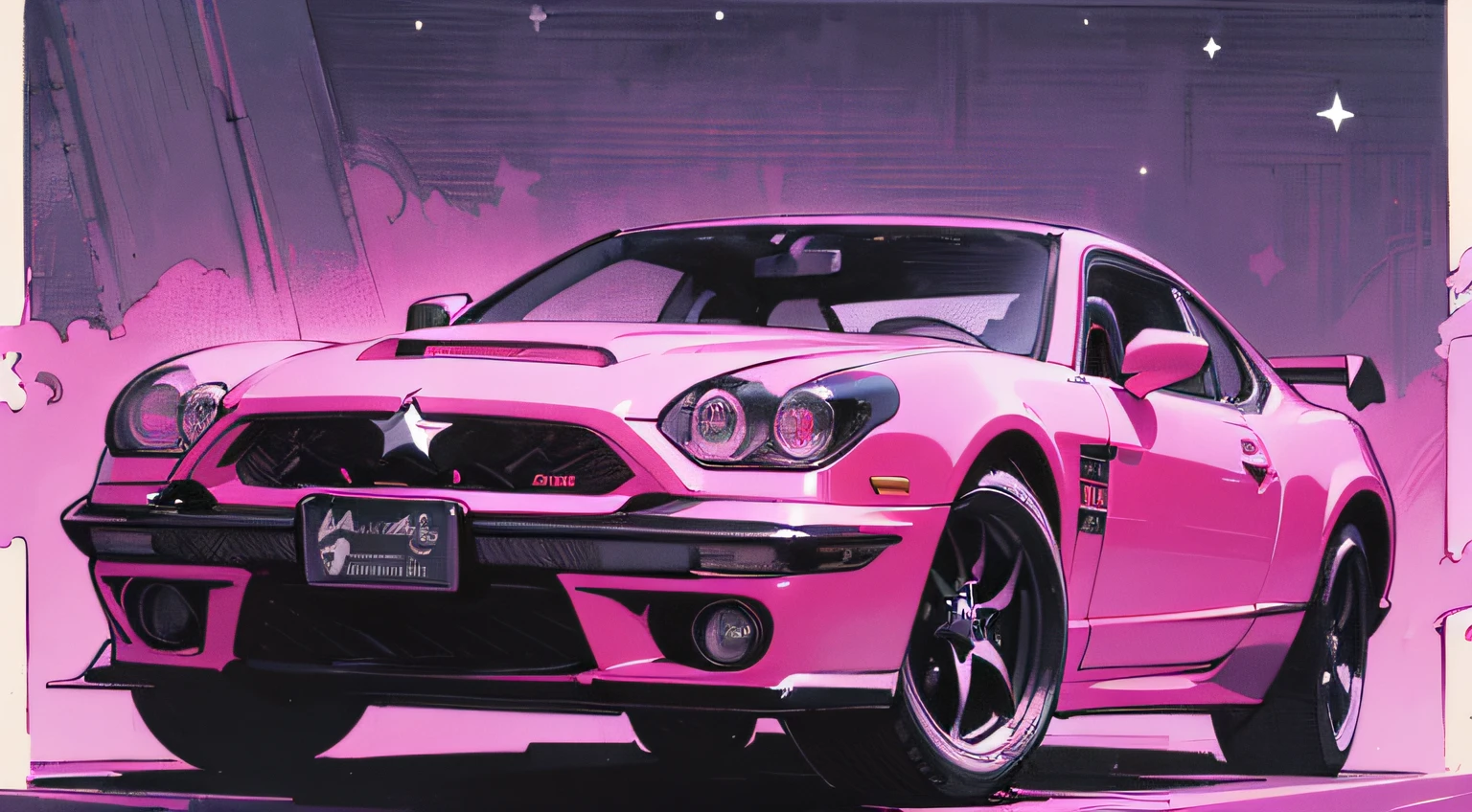 (masterpiece), (best quality), (best detail), (distant general point of view), (postage stamp),(main color of illustration: carbon black), (secondary color: bright pink), a 70' sports car driven by a woman with defiant stance, highly detailed chassis, futuristic western scenery, night (many stars, moon), shading (detailed, much contrast), very saturated pulp colors