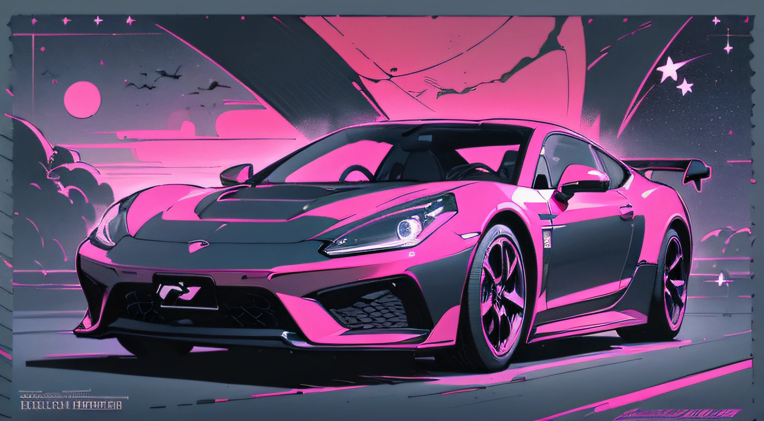 (masterpiece), (best quality), (best detail), (distant general point of view), (postage stamp),(main color of illustration: carbon black), (secondary color: bright pink), a 70' sports car driven by a woman with defiant stance, highly detailed chassis, futuristic western scenery, night (many stars, moon), shading (detailed, much contrast), very saturated pulp colors