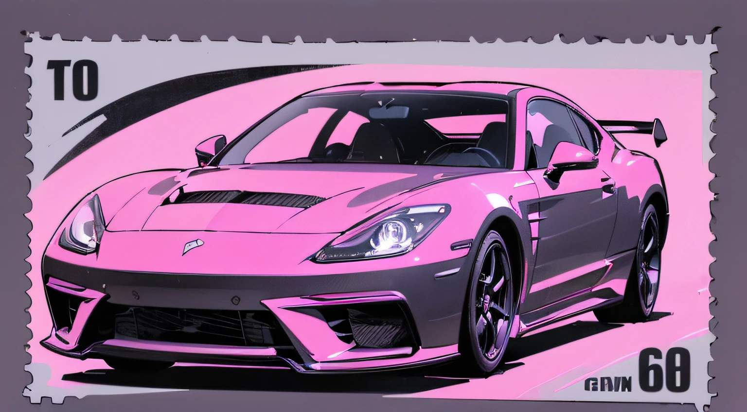(masterpiece), (best quality), (best detail), (distant general point of view), (postage stamp),(main color of illustration: carbon black), (secondary color: bright pink), a 70' sports car driven by a woman with defiant stance, highly detailed chassis, futuristic western scenery, night (many stars, moon), shading (detailed, much contrast), very saturated pulp colors