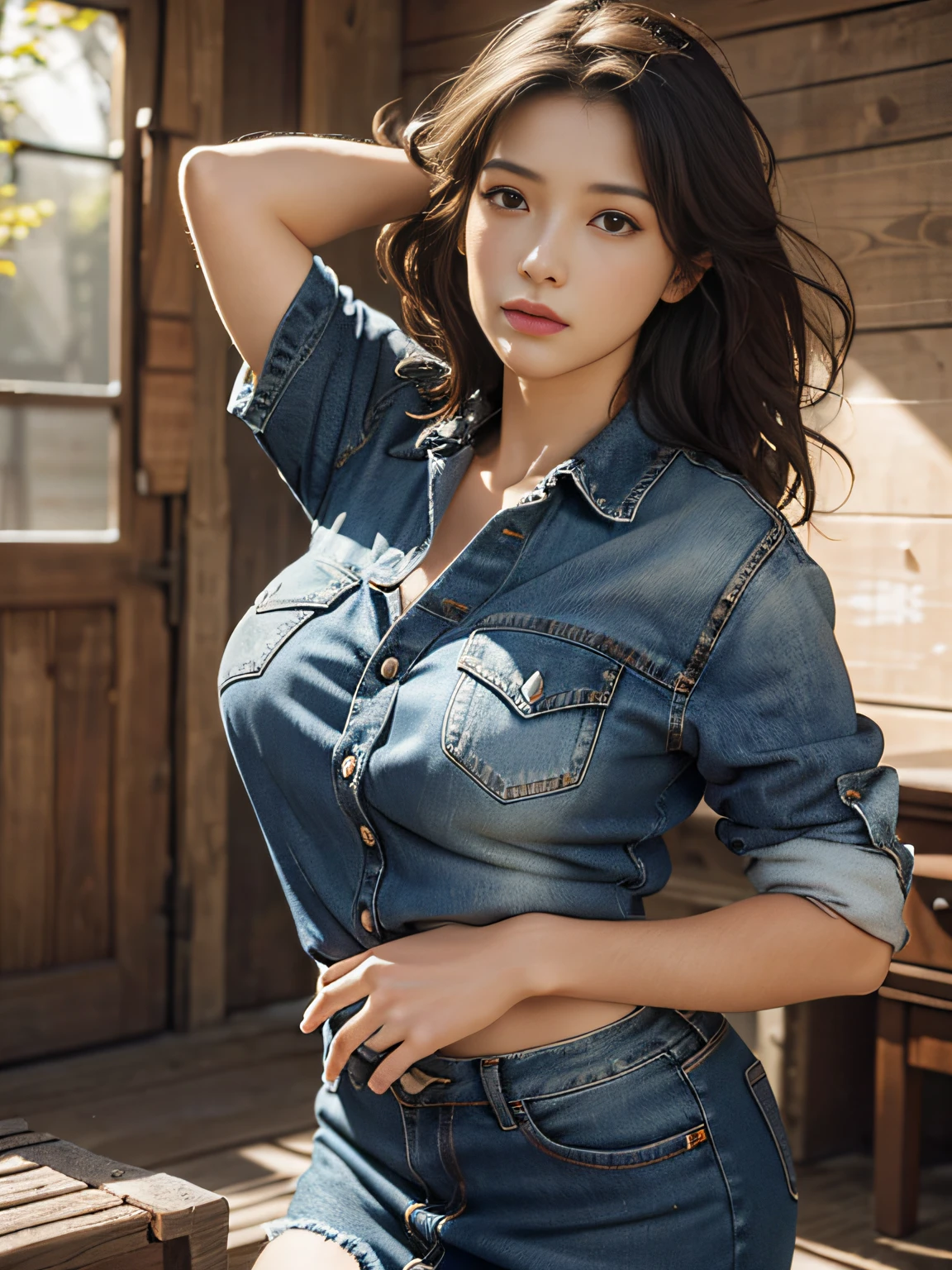 Best Quality, Masterpiece, Ultra High Resolution, (Realistic:1.8), Detailed Skin, (big breasts:1), Denim Skirt,