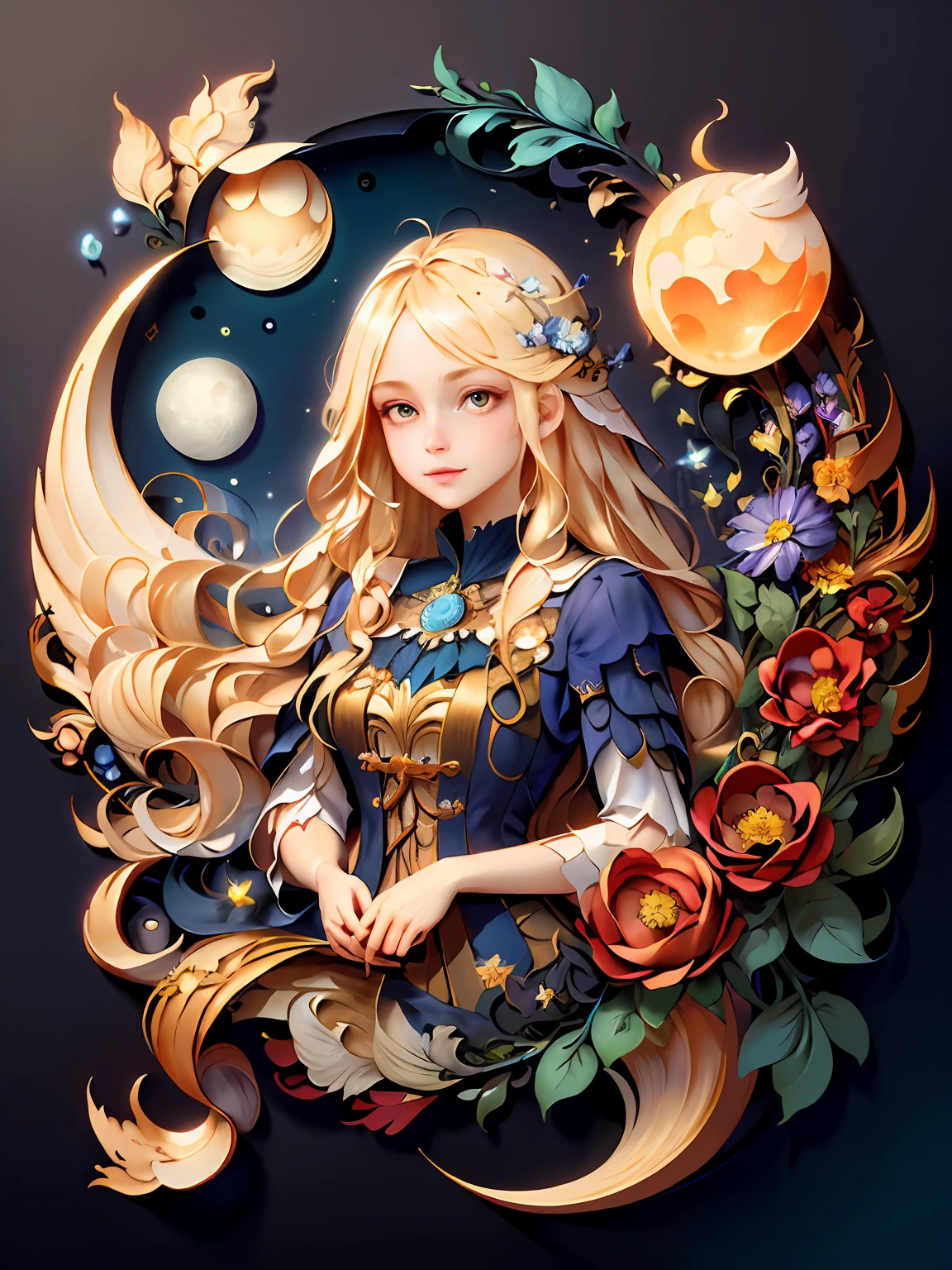 (masterpiece),(best quality), illustration, (fantasy:1.4), witch, cute detailed digital art, beautiful face, long hair, blonde, dark color long dress, a moon, flowers , paper_cut