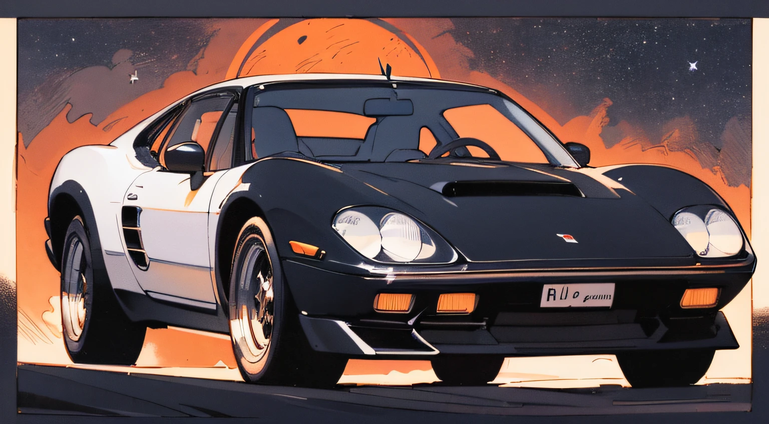 (masterpiece), (best quality), (best detail), (distant general view), (postage stamp),(main color of illustration: carbon black), (secondary color: deep white), a European sports car from the 70's driven by a woman with defiant stance, highly detailed chassis, futuristic western setting, night (many stars, moon), shading (detailed, high contrast), very saturated pulp colors