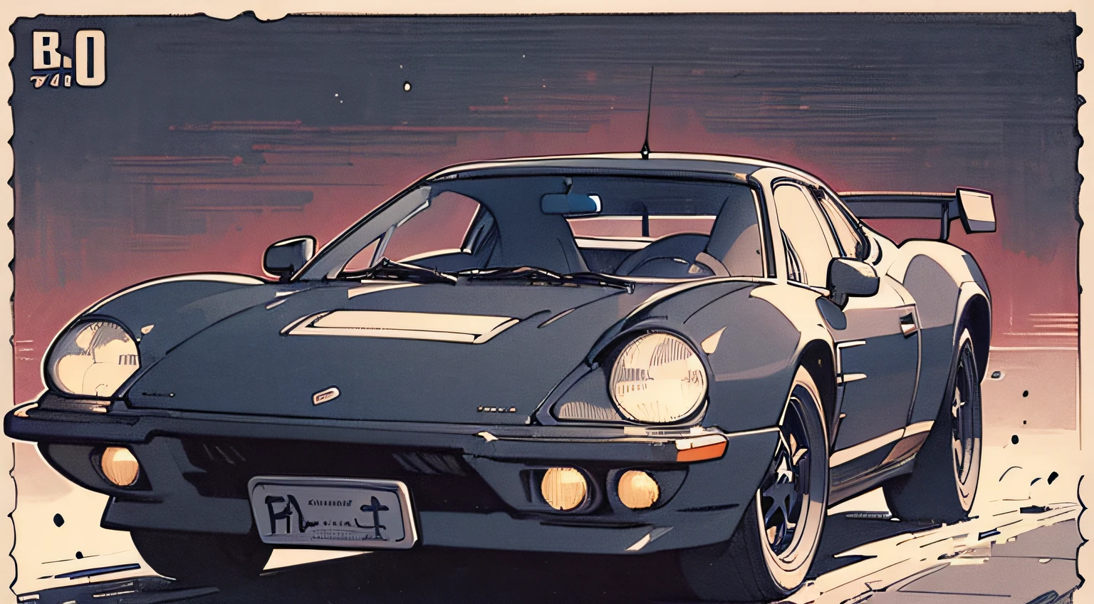 (masterpiece), (best quality), (best detail), (distant general view), (postage stamp),(main color of illustration: carbon black), (secondary color: deep white), a European sports car from the 70's driven by a woman with defiant stance, highly detailed chassis, futuristic western setting, night (many stars, moon), shading (detailed, high contrast), very saturated pulp colors