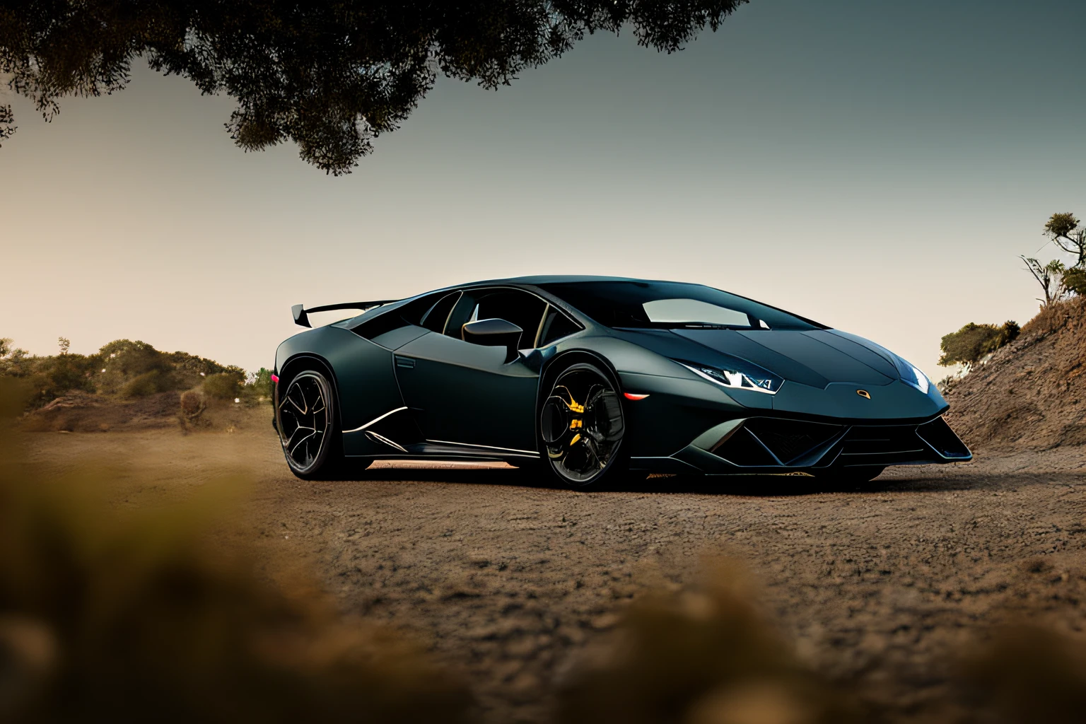 a dark photo of lamborghini huracán, by Simon Stalinhag style, 8k resoultion, hyper realstic, jungle, dakar rally, scifi style, dynamic lighting, ambient lighting, hyper detail features, ray tracing, 3D, cinematic lighting, dark shadows, unrealistic Engine 5 rendering, hyper detail, trend in artstation, 4k, extremely high details, ultra hd, hdr, extremely high details