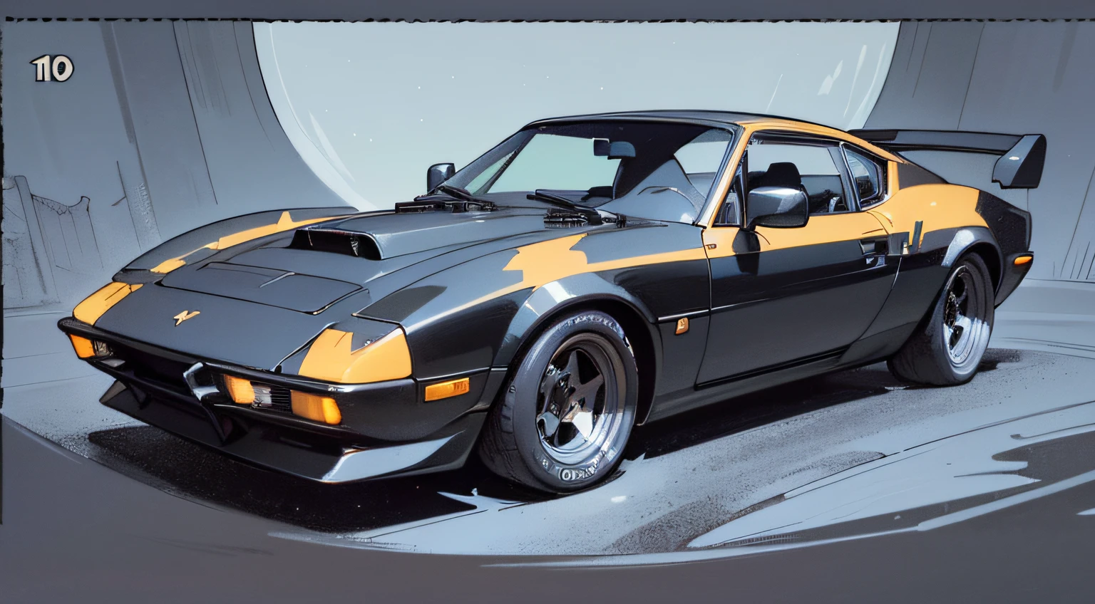 (masterpiece), (best quality), (best detail), (distant general view), (postage stamp),(main color of illustration: carbon black), (secondary color: deep white), a European sports car from the 70's driven by a woman with defiant stance, highly detailed chassis, futuristic western setting, night (many stars, moon), shading (detailed, high contrast), very saturated pulp colors
