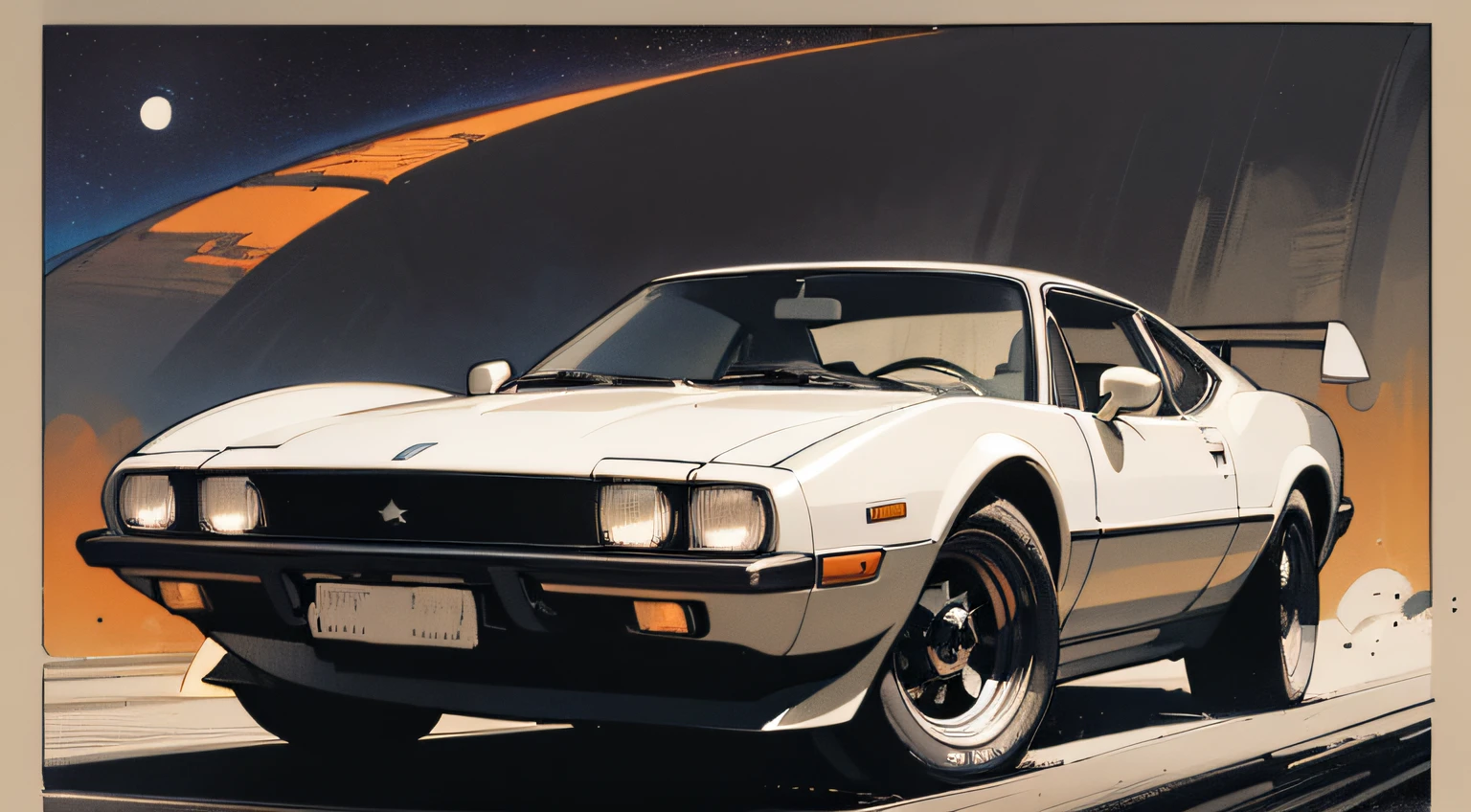 (masterpiece), (best quality), (best detail), (distant general view), (postage stamp),(main color of illustration: carbon black), (secondary color: deep white), a European sports car from the 70's driven by a woman with defiant stance, highly detailed chassis, futuristic western setting, night (many stars, moon), shading (detailed, high contrast), very saturated pulp colors