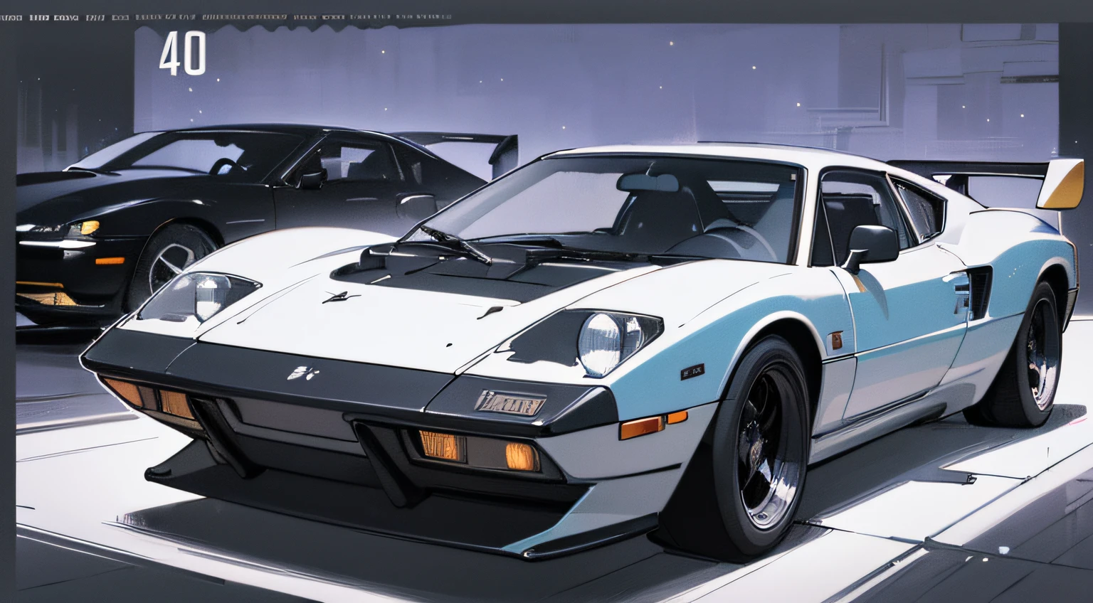 (masterpiece), (best quality), (best detail), (distant general view), (postage stamp),(main color of illustration: carbon black), (secondary color: deep white), a European sports car from the 70's driven by a woman with defiant stance, highly detailed chassis, futuristic western setting, night (many stars, moon), shading (detailed, high contrast), very saturated pulp colors