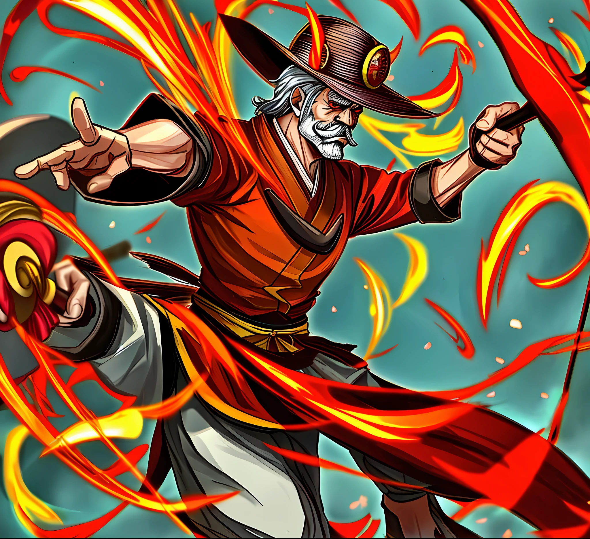 Red eyes,Old Chinese man wearing a Rice Hat ,Fu Manchu mustache, red kimono with yellow stripes, wielding a staff, cowboy shot, masterpiece