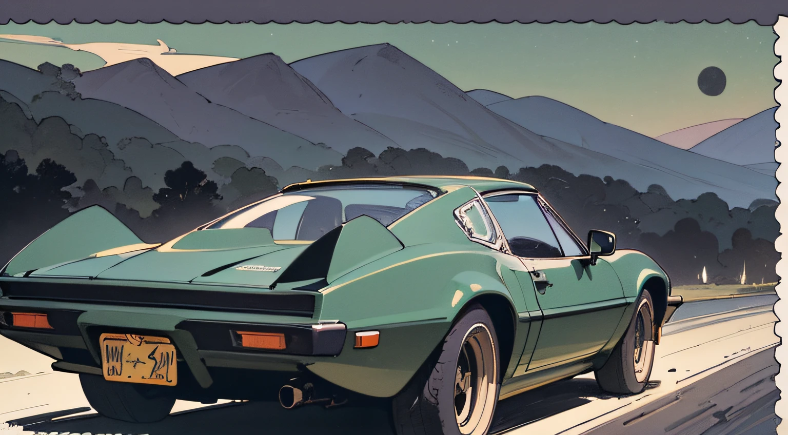 (masterpiece), (best quality), (best detail), (distant general view), (postage stamp),(main color of illustration: carbon black), (secondary color: dark green), a European sports car from the 70's driven by a woman with challenging stance, highly detailed chassis, futuristic western scenery, night (many stars, moon), shading (detailed, much contrast), very saturated pulp colors