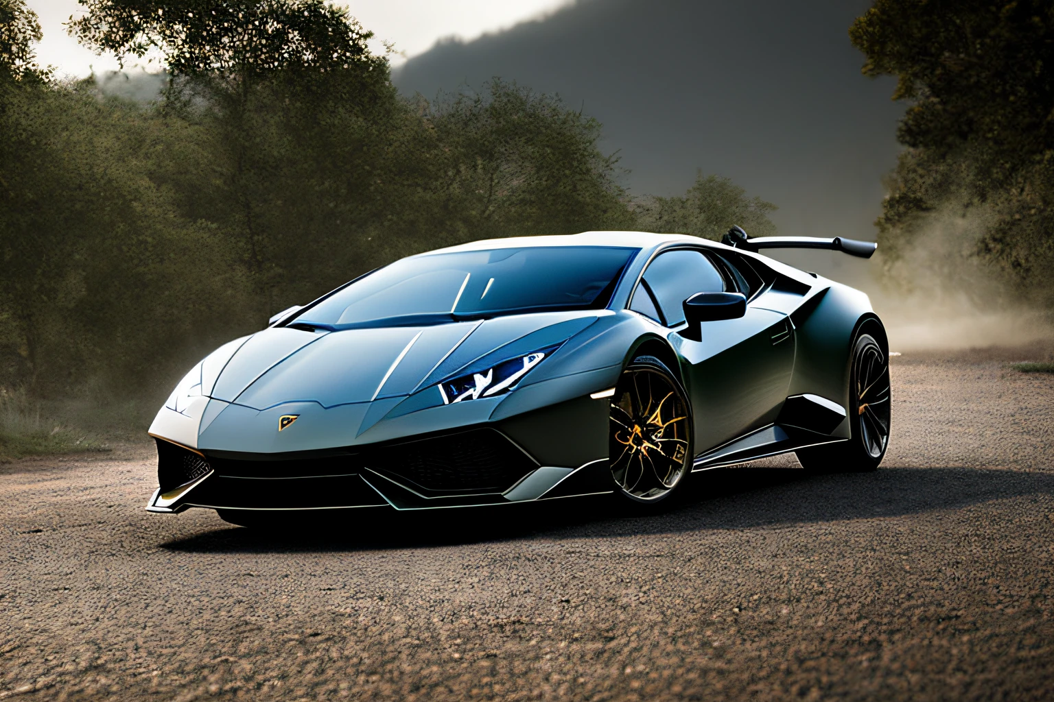 a dark photo of lamborghini huracán, by Simon Stalinhag style, 8k resoultion, hyper realstic, jungle, dakar rally, scifi style, dynamic lighting, ambient lighting, hyper detail features, ray tracing, 3D, cinematic lighting, dark shadows, unrealistic Engine 5 rendering, hyper detail, trend in artstation, 4k, extremely high details, ultra hd, hdr, extremely high details