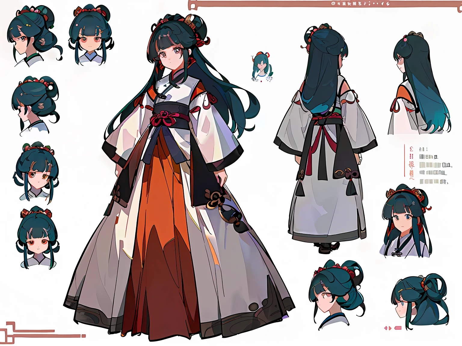 ((masterpiece)),(((best quality))),(character design sheet,same character, front, side, back), Illustration, 1 girl, hair color, hairpin, bangs, hairstyle fax, blue eyes, environment change, hairstyle fax, pose zitai, female, ancient Chinese young master, charturnbetalora, (simple background, white background: 1.3)