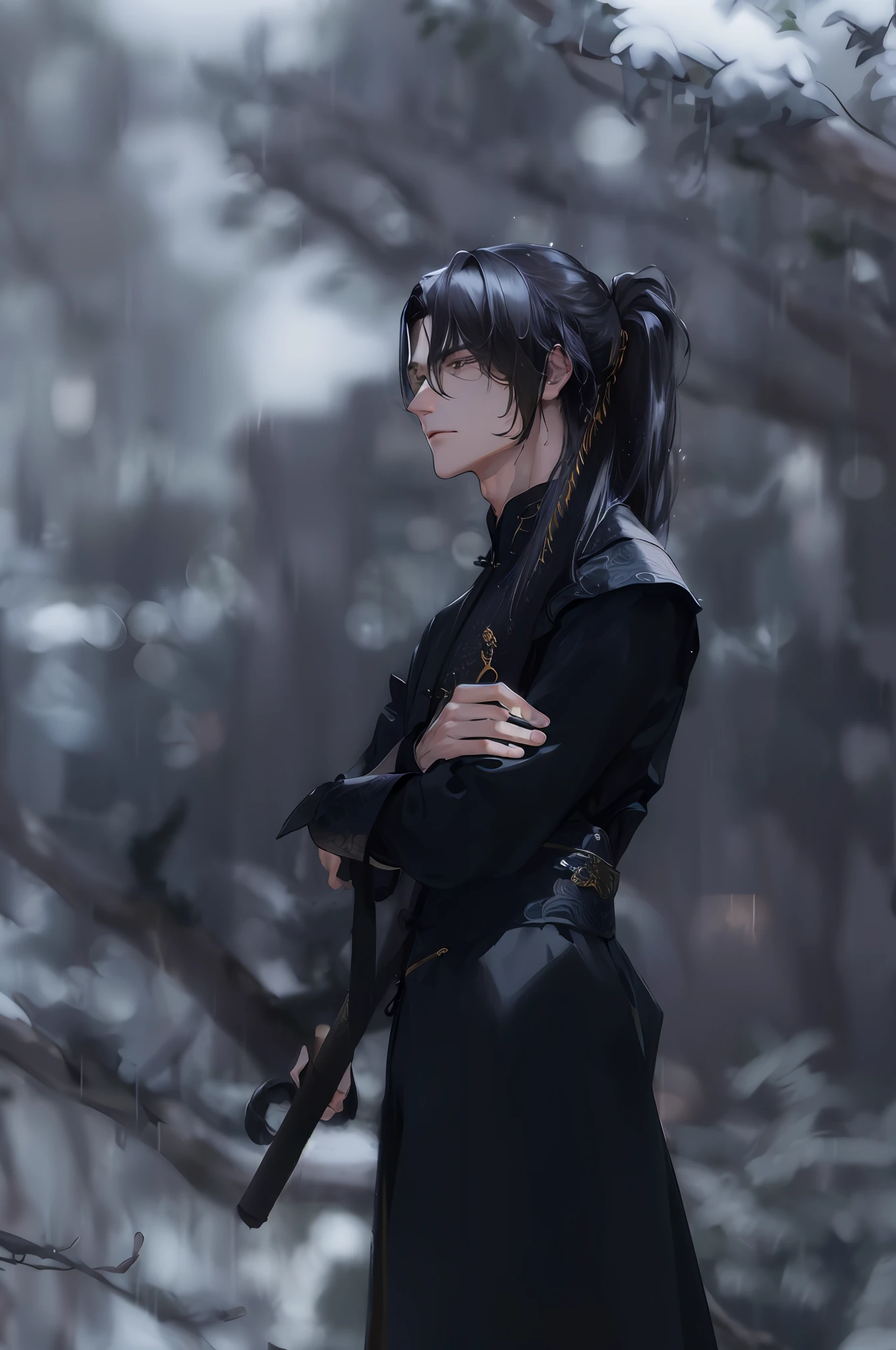Masterpiece: superb outdoor night, full moon lakeside branch 1, male mature male style, ancient Chinese black hair, black eyes, split ends, long hair, long bangs, handsome, masculine, gentle, tall, tall, calm, black and gold mixed dragon pattern prince umbrella, rainy day facial features, exquisite facial detailsDeep eyes and smooth jaw line