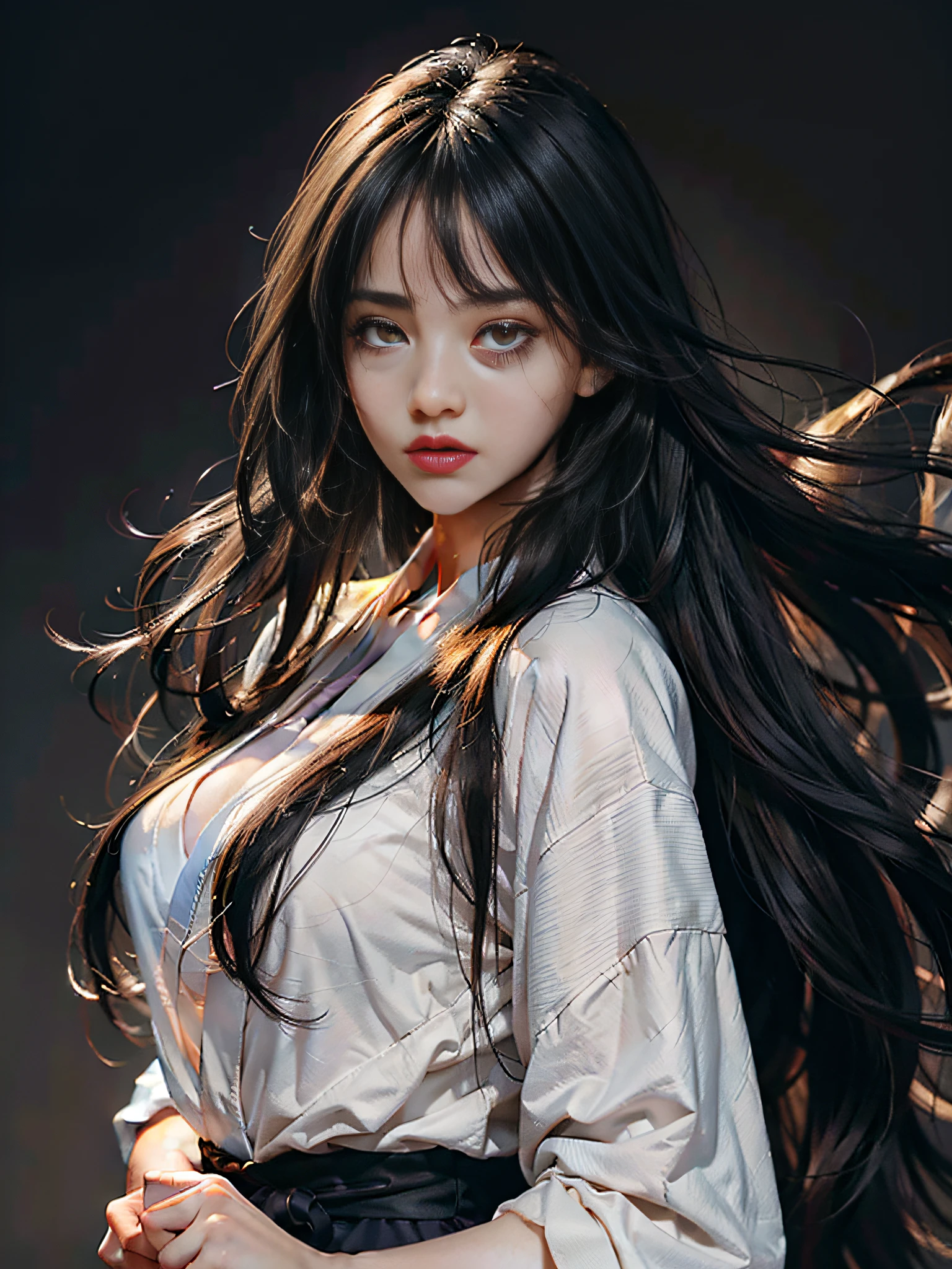 Best Quality, Masterpiece, Ultra High Resolution, (Realisticity: 1.4), Original Photo, 1Girl, Film Lighting, Long Black Hair, Straight Hair, Straight Hair with a Shawl, Bangs, Air Bangs, Karate, Karate Clothes, F Cup,