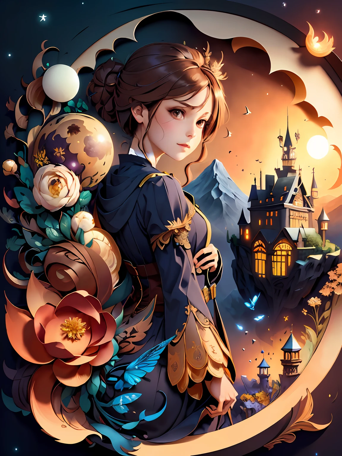 (masterpiece),(best quality), illustration, (fantasy:1.4), witch, cute detailed digital art, beautiful face, brown hair, hair up, castle, mountain, dark color long dress, a moon, flowers , paper_cut