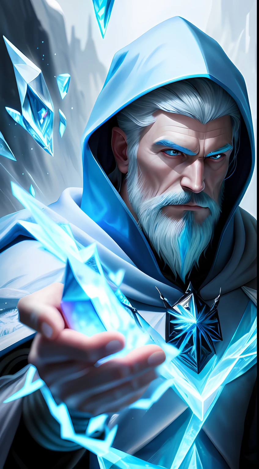 Hello, IA! Please create in high quality, 8k, a medieval wizard wearing hood, male, Ice, the Ice Elemental
. Explore your creativity to portray this mystical and imaginary creature. Play with vibrant colors, unique shapes and intriguing textures to make the image unique and engaging. I'm excited to see your artistic interpretation of the wizard, ice, the Ice Elemental