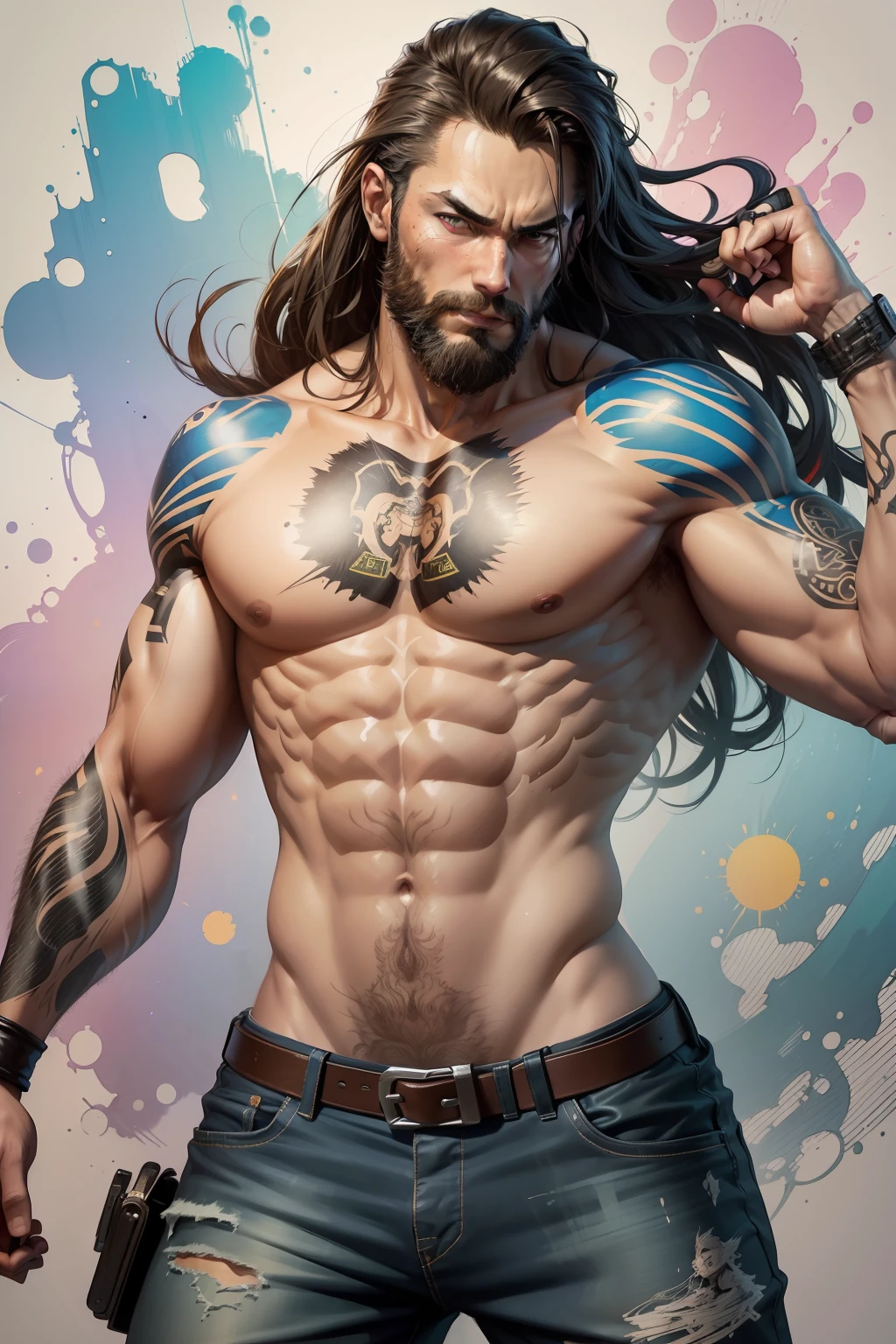 ::jason fabok and yoji shinkawa style ::2.0 comix illustration style man with very flawless beard well detailed hair medium turned body,tatoon style , comic book style ,man ultra detailed, (beautiful and clear background:1.2),, fantastic paintings ,graffit style, olhos altamente detalhados , a t-shirt or dressed in a white blouse underneath, with both fists in a fighting position, and bracelets, with long hair , stained glass colored, out, vibrant, fantastic paintings by joe madureira ,high quality, --ar 3:4 --upbeta --test --creative --upbeta --upbeta --upbeta --upbeta ,photo, sticker art, freedom, soul, digital illustration, comic style, perfect anatomy, centered, approaching perfection, dynamic, highly detailed, watercolor painting, artstation, concept art, smooth, sharp focus, illustration, art by carne griffiths and ,alone anime, perfect anatomy, centered, approaching perfection, dynamic, highly detailed, character sheet, artstation, concept art, smooth, sharp focus, illustration, art by kim jung gi,, artgerm, carne griffiths and wadim kashin , sasha yakovleva, loish, jeremy mann, full body shot, character sheet, lightningwave, beautiful anime watercolor painting ,paint dripping by tim okamura, victor nizovtsev, greg rutkowski, noah bradley. trending on artstation, 8k, masterpiece, graffiti paint, fine detail, full of color, intricate detail, golden ratio illustration,monochromatic green background, masterpiece, best quality, high quality, highres, best quality, high resolution fix, bright amazing lighting, detail enhancement,(beautiful and clear background:1.2),, fantastic paintings ,graffit style, olhos altamente detalhados , a white t-shirt or tatoon stamp , blond hair, masterpiece, best quality, high quality, highres, detail enhancement, ((most beautiful image in the world)), masterpiece, best quality, high quality, highres, detail enhancement, ((most beautiful image )),with short, shiny black hair, wearing t-shirt, wearing jeans, five legs, like ye