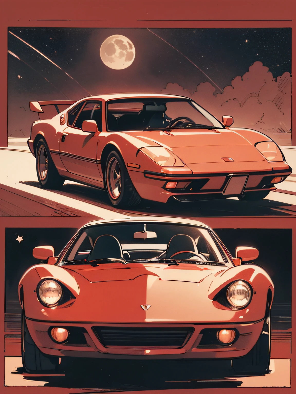 (masterpiece), (best quality), (best detail), (distant general point of view), (postage stamp),(main color of the illustration: deep red), (secondary color: light gray), a sports car from the 70' driven by a woman with defiant stance, highly detailed chassis, futuristic western scenery, night (many stars, moon), shading (detailed, much contrast), very saturated pulp colors