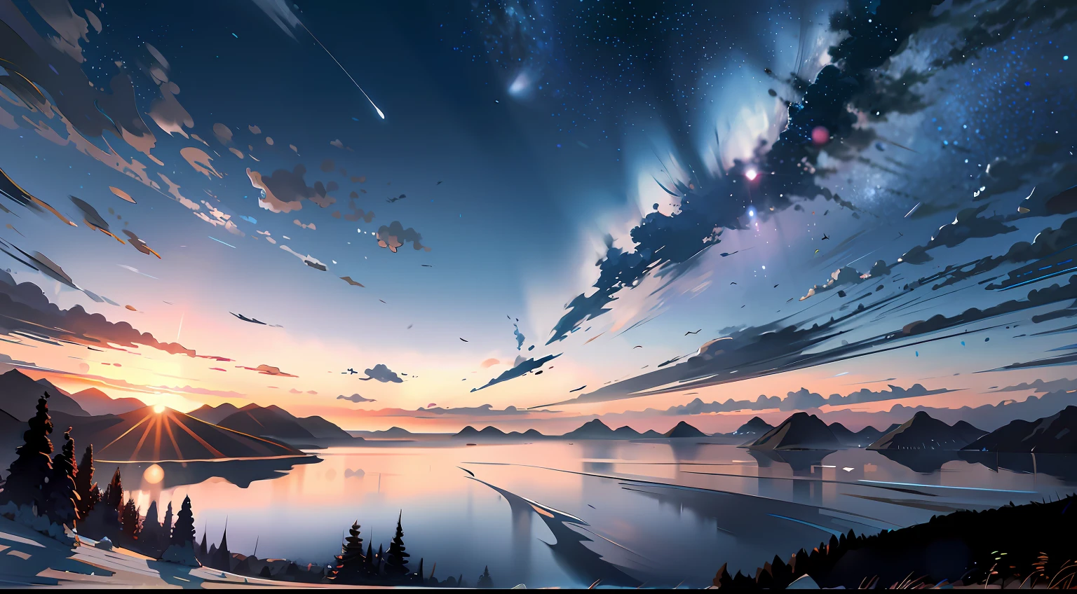 expansive landscape photograph, a view from below that shows sky above and open field below, Masterpiece, best quality, high quality, very detailed CG unified 8k wallpaper, lake, river, moon, wallpaper, ridiculous resolution, high resolution, (masterpiece:1.4), super detailed, stars, seen from above, space, floating, night, delicate blue loght, --v 6