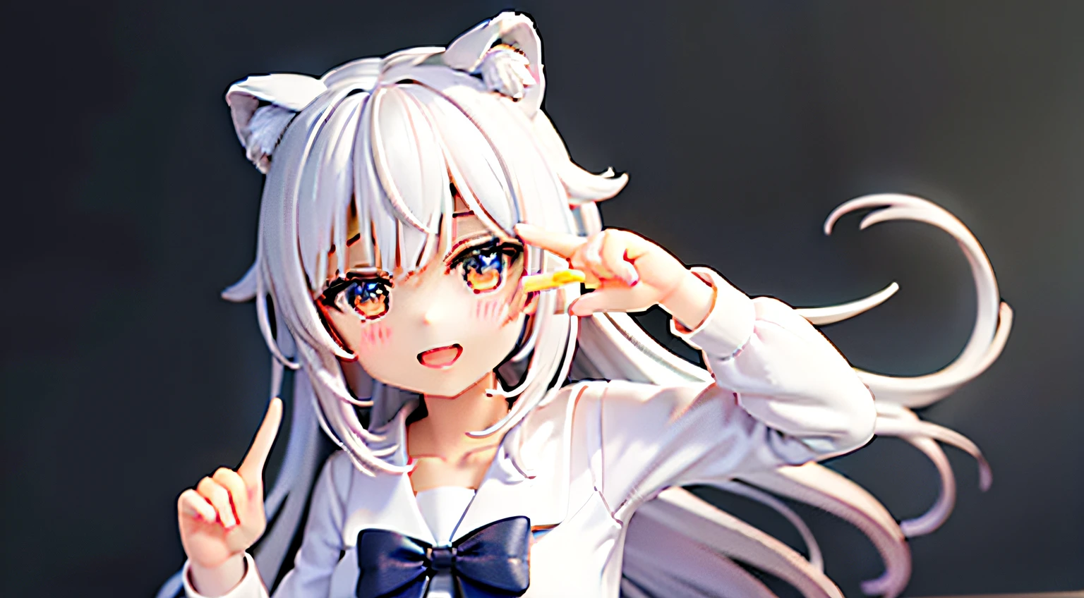 1girl, animal_ear_fluff, animal_ears, bangs, blue_bow, blush, bow, bowtie, brown_hair, bear_ears, hair_between_eyes, hair_bow, hands_up, long_hair, long_sleeves, open_mouth, paw_pose , red_bow, sailor_collar, school_uniform, serafuku, shirt, simple_background, smile, solo, spoken_squiggle, squiggle, upper_body, white_background, white_shirt, 一个漂浮在海洋上的女孩,看着风景