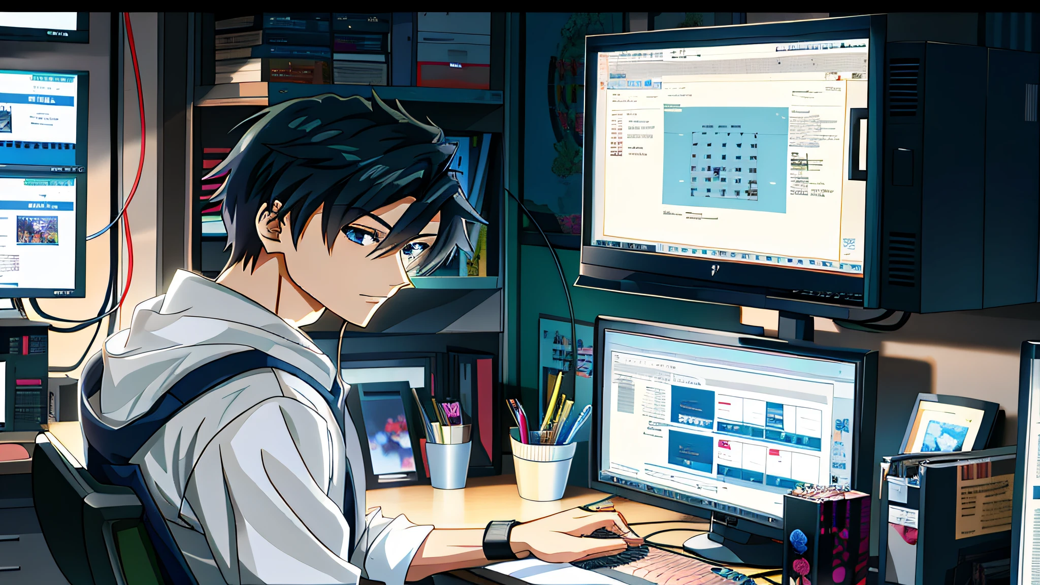 anime character sitting at a desk with two monitors and a keyboard, high quality anime artstyle, modern anime style, 4k anime wallpaper, anime aesthetic, anime style 4 k, anime background, digital anime illustration, anime artstyle, anime wallaper, anime wallpaper 4k, anime wallpaper 4 k, anime asthetic, anime art wallpaper 4k