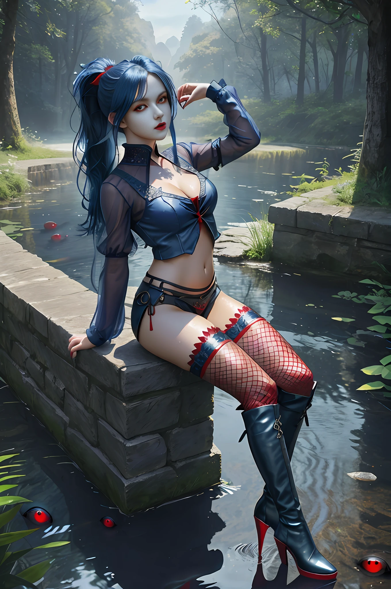 best quality}, {{masterpiece}}, {highres}, Perfect waist cut, Large breasts, Warrior girl with a small short sword on hand, Skimpy organza transparent clothes, organza elements on clothes, net clothes, leather glossy elements on clothes, dark blue hair with red highlights, (perfect nose), Seductive gaze, dark blue knee high boots on high heels with red highlights, (Best Illustration), 8k Resolution, Intricate Details, Best Quality, Realistic, Ultra Detailed, Best Lighting, Best Shadows, Ultra HD, A Necromancer style, Night, Magic, Dark Style, Vampire, (shining red eyes:1.6), masterpiece, high_res, Beautiful face, tyndall effect, photo realistic, (high detailed skin:1.2), 8k uhd, dslr, high quality, Photograph, high resolution, 4k, 8k, Bokeh, absurdres, ponytail contorted, best ratio four finger and one thumb, front view, dark blue hair gorgeous, perfect proportional skinny fitness body, full body view, wet skin, wet clothes, dark cathedral baground scenery, huge bobs, belly muscle, long fit perfect legs, fishnet dark red Stockings, realistic reflection in the water