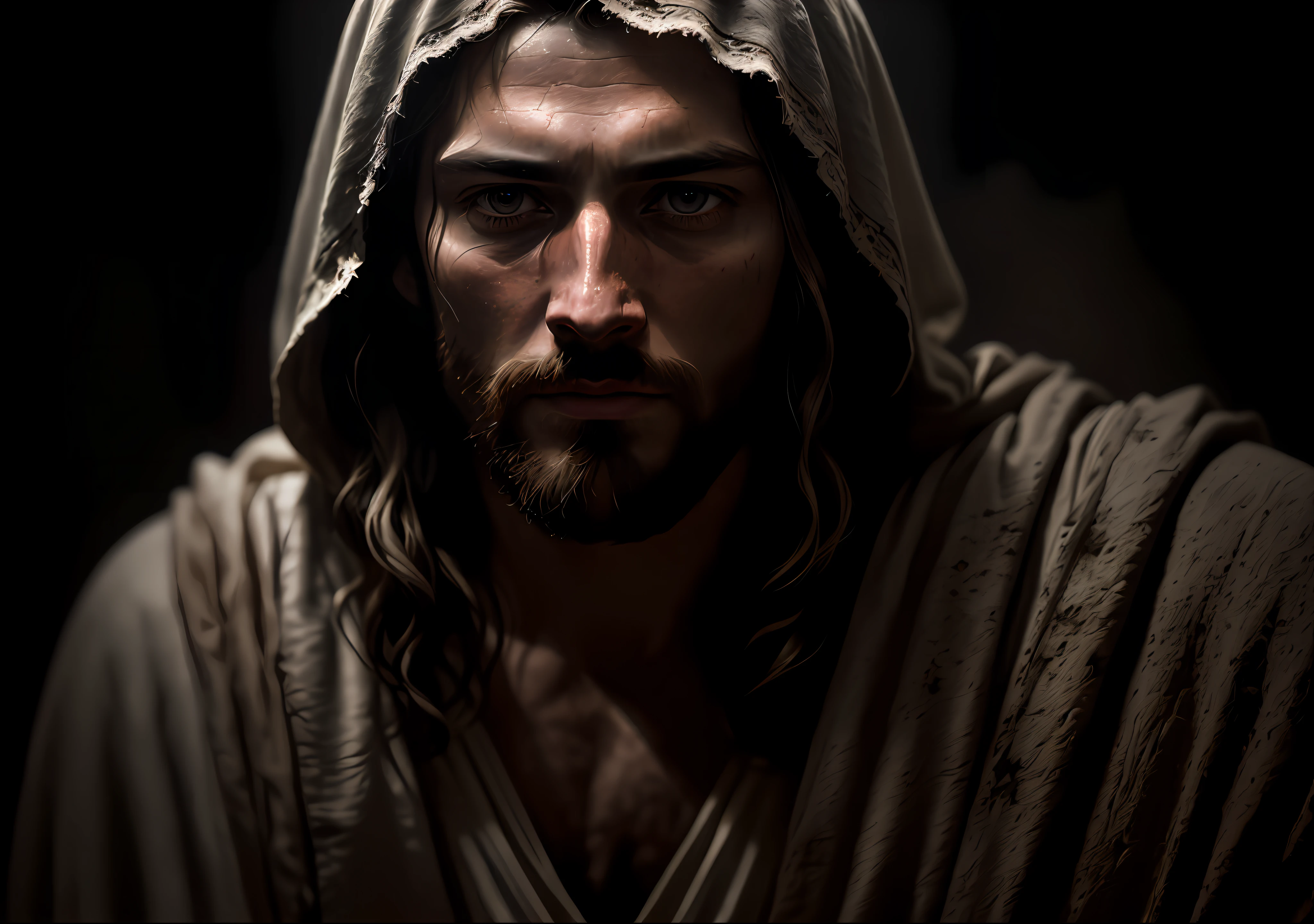 JESUS CHRIST DARK PHOTO: realistic epic, soft cinematic portrait, adobe lightroom, photographic lab, highly detailed, faded, (neutral colors: 1.2), (hdr: 1.4) , (soft colors:1.2), hyperdetailed, (artstation:1.4), cinematic, warm lights, dramatic light, (intricate details:1.1), complex background, (rutkowski:0.66), (blue and orange:0.4)