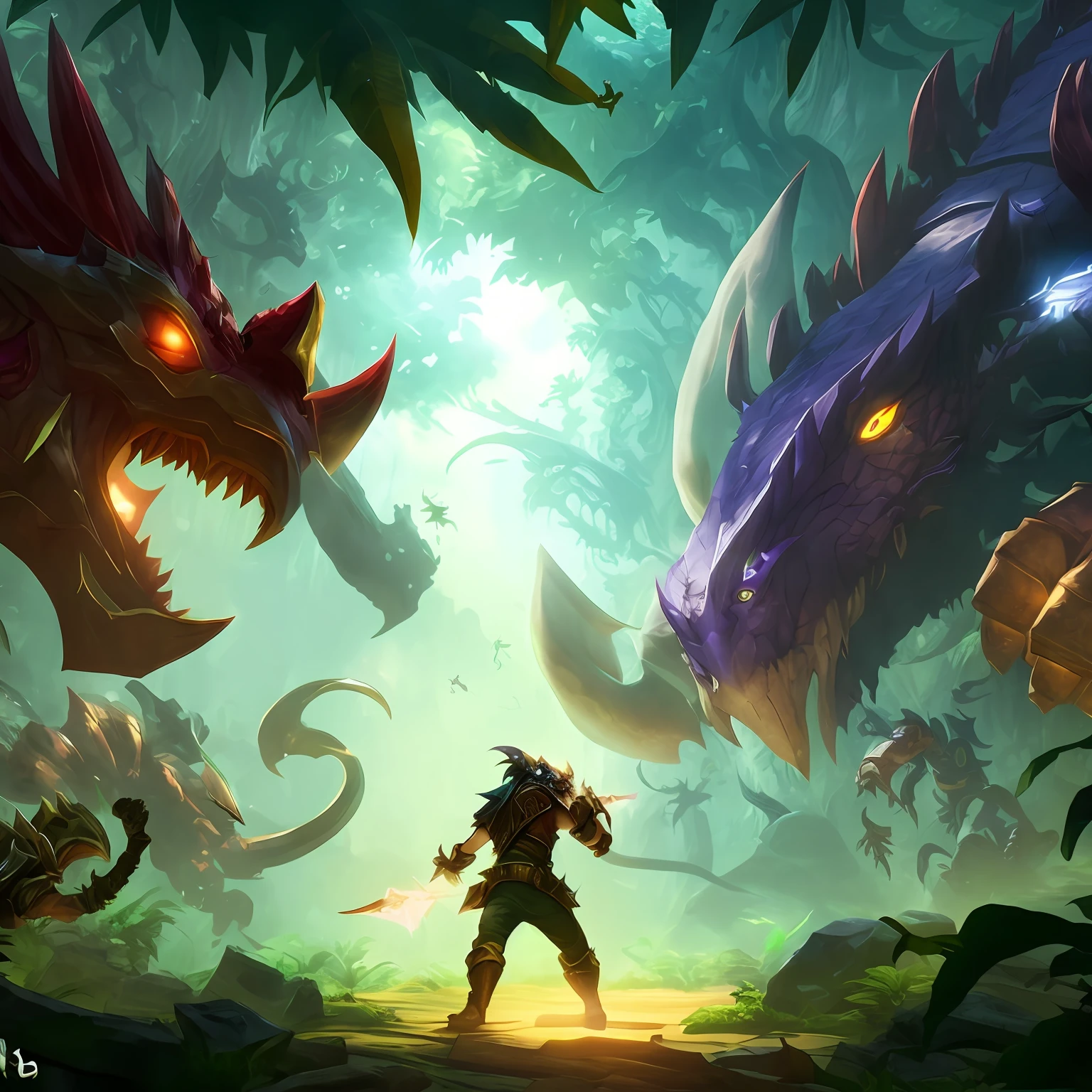 "An exhilarating image depicting a bold jungler taking on epic jungle monsters like Baron Nashor and Elder Dragon, conveying the excitement and grandeur of these challenges."